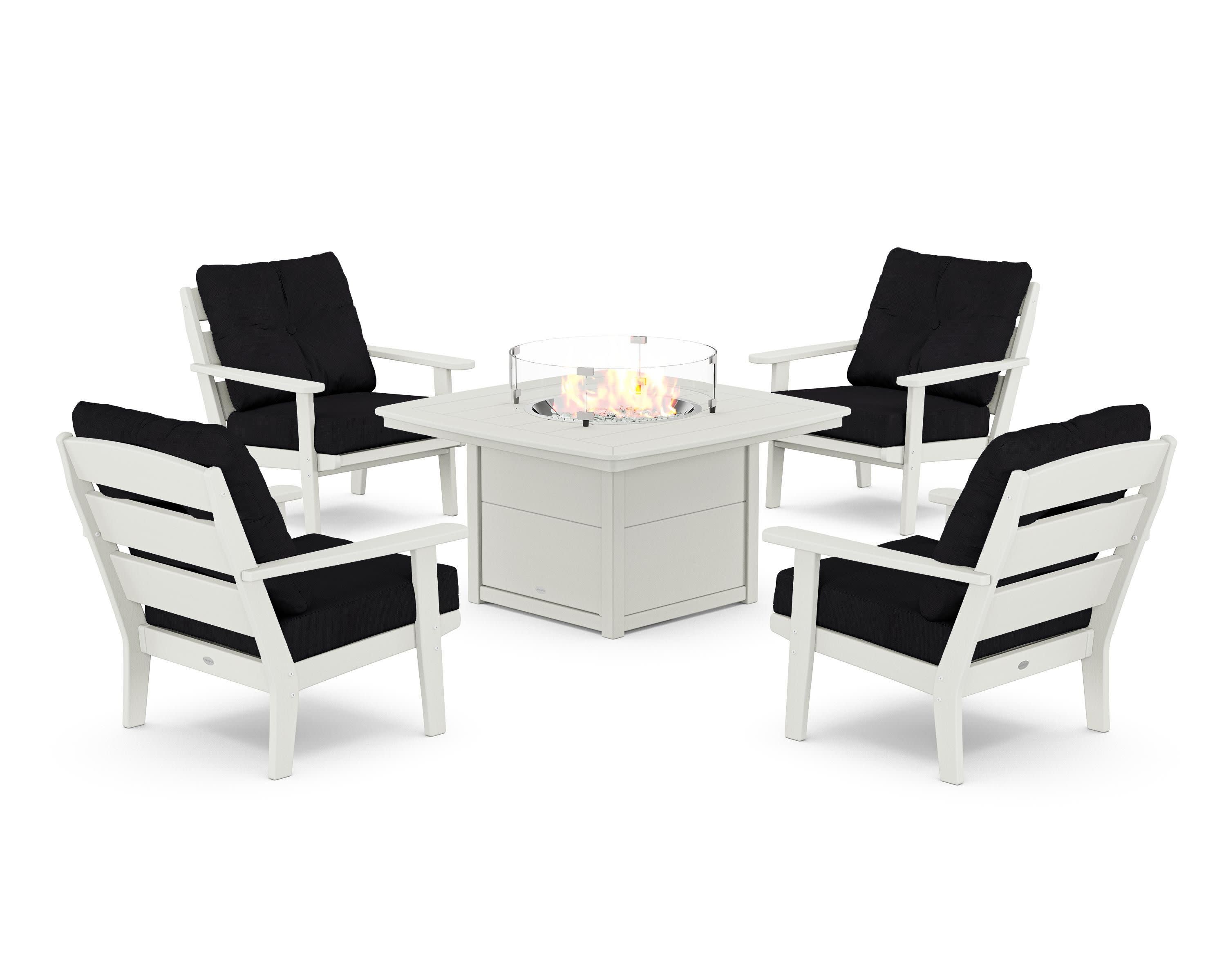 Lakeside 5-Piece Deep Seating Set with Nautical Fire Pit Table in Vintage White / Midnight Linen