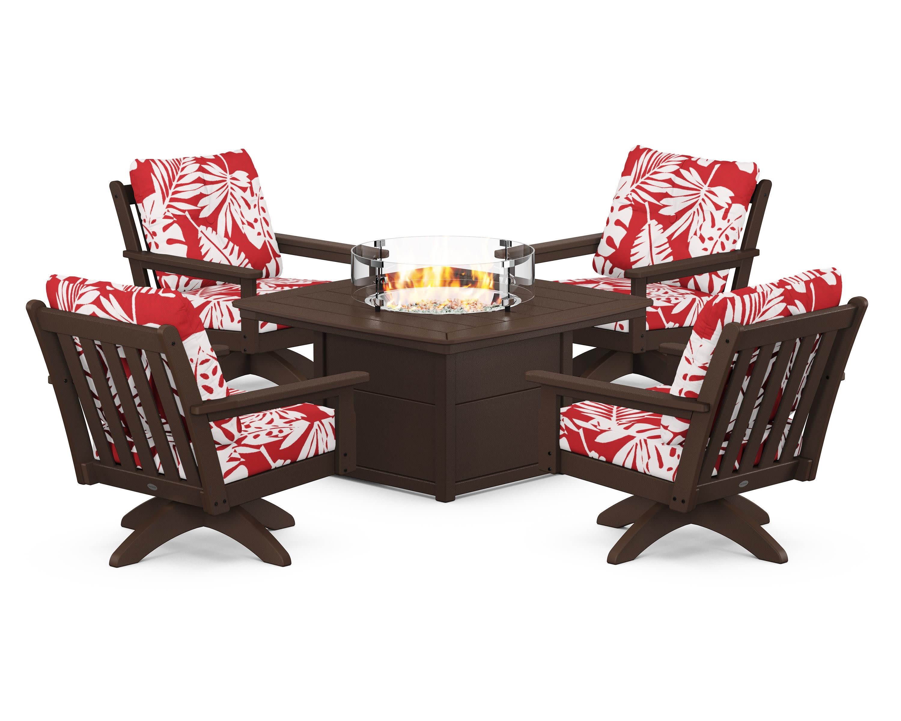 Vineyard 5-Piece Deep Seating Swivel Conversation Set with Fire Pit Table in Mahogany / Leaf Crimson