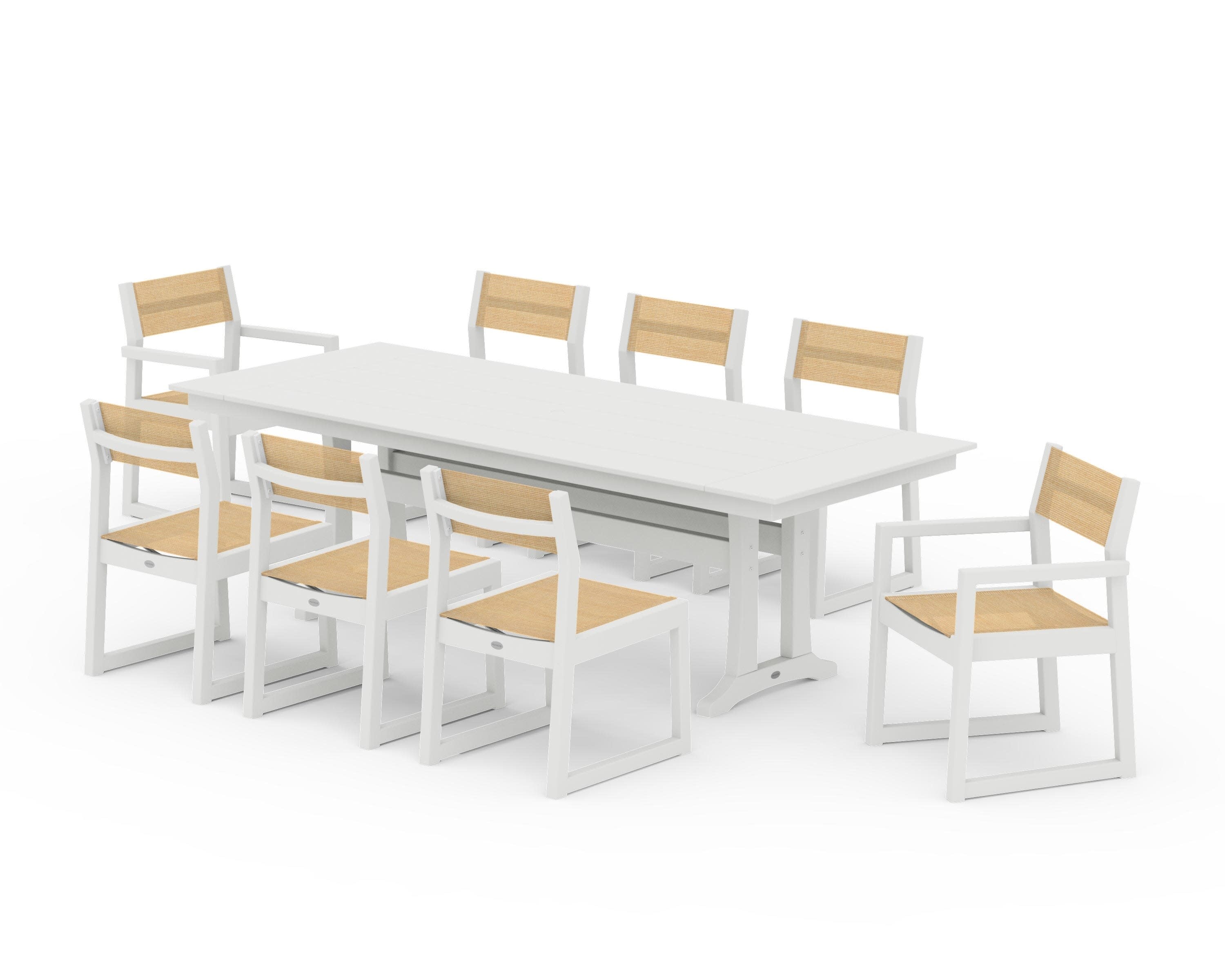 EDGE Sling 9-Piece Farmhouse Trestle Dining Set in Vintage White / Dupioni Apricot Sling