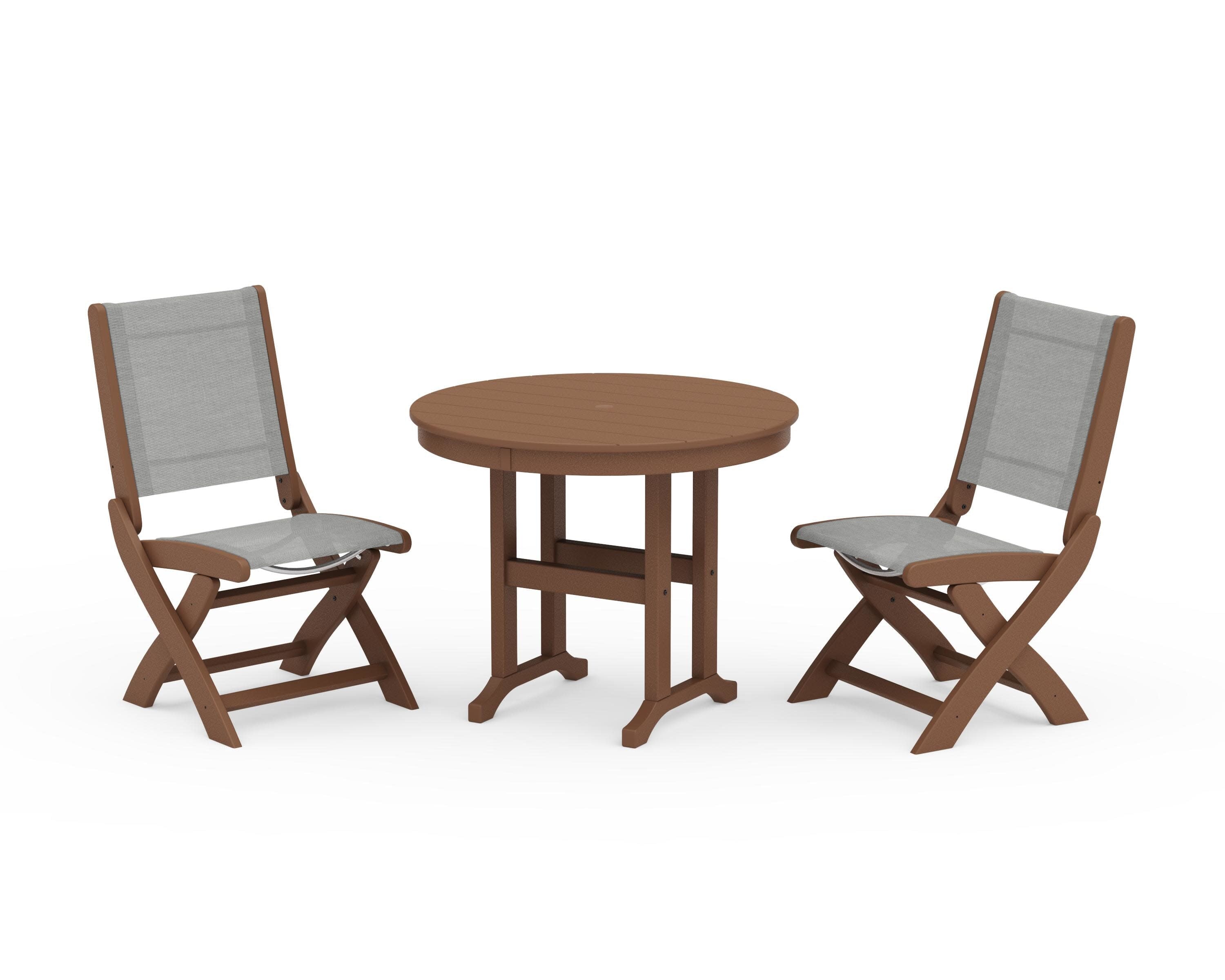 Coastal Folding Side Chair 3-Piece Round Dining Set in Teak / Metallic Sling