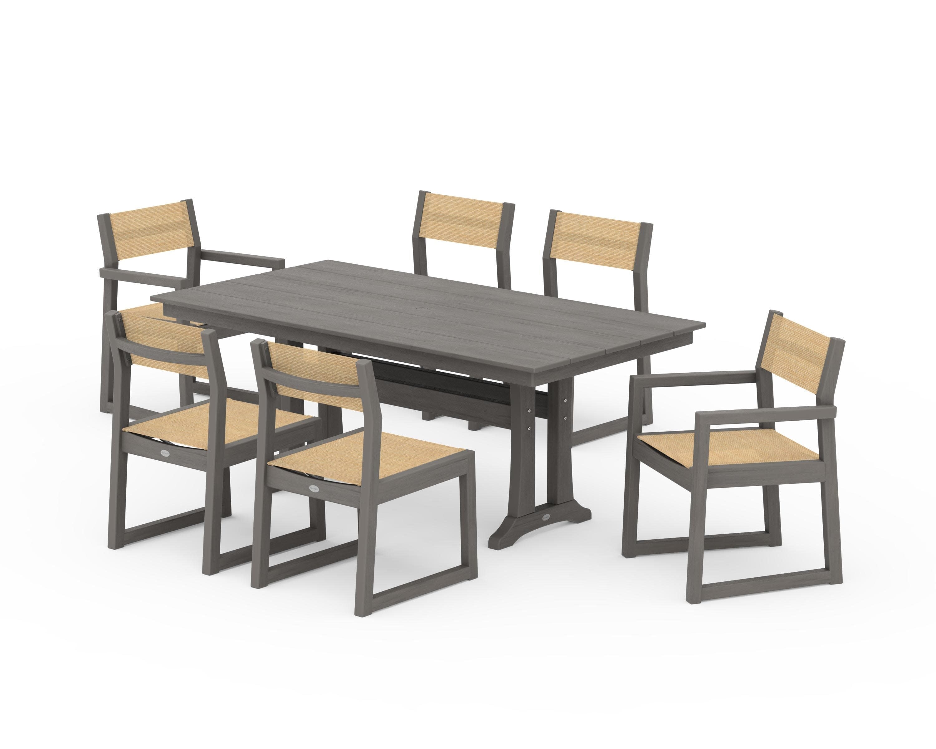 EDGE Sling 7-Piece Farmhouse Trestle Dining Set in Driftwood / Dupioni Apricot Sling