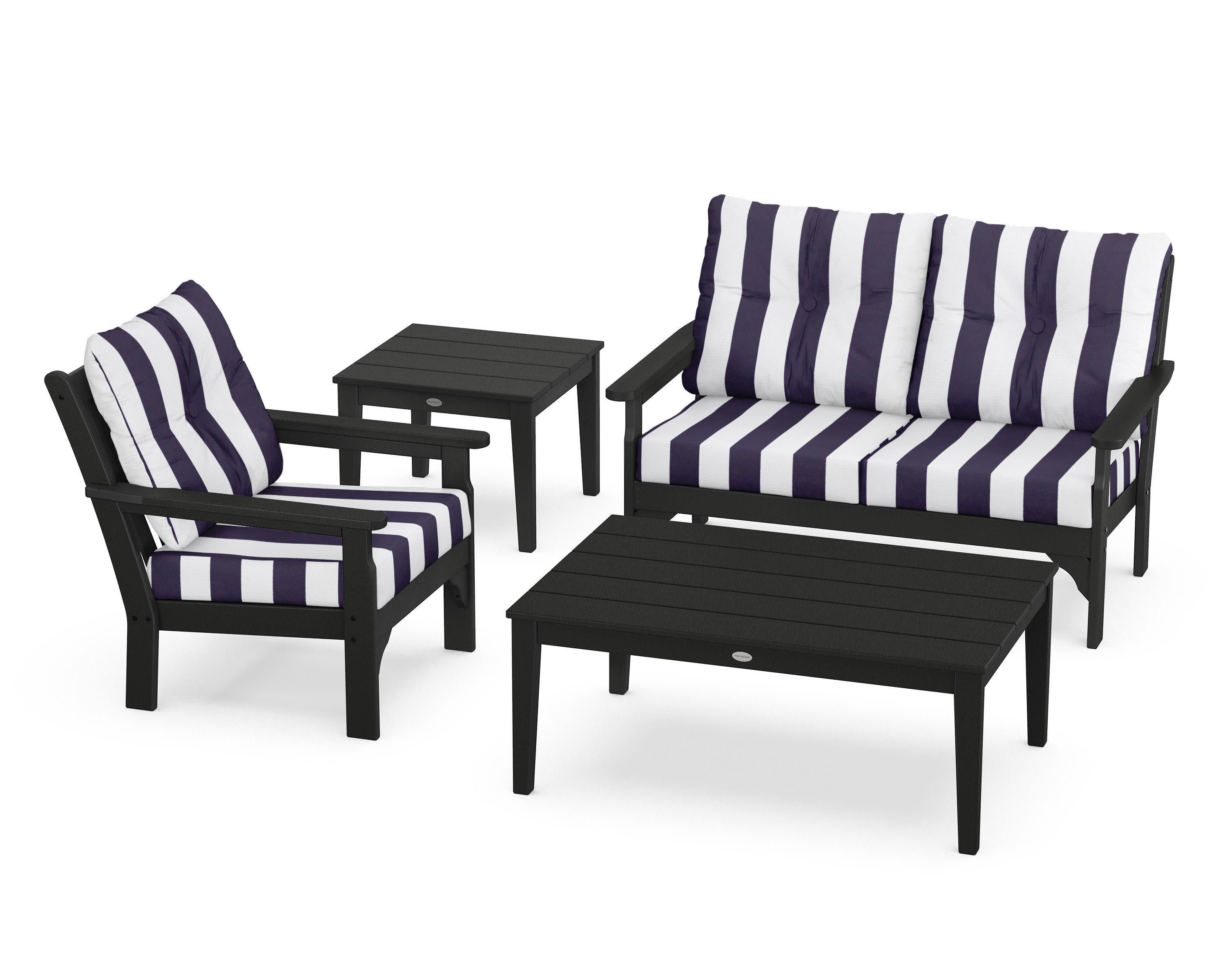 Vineyard 4-Piece Deep Seating Set in Black / Cabana Stripe Navy