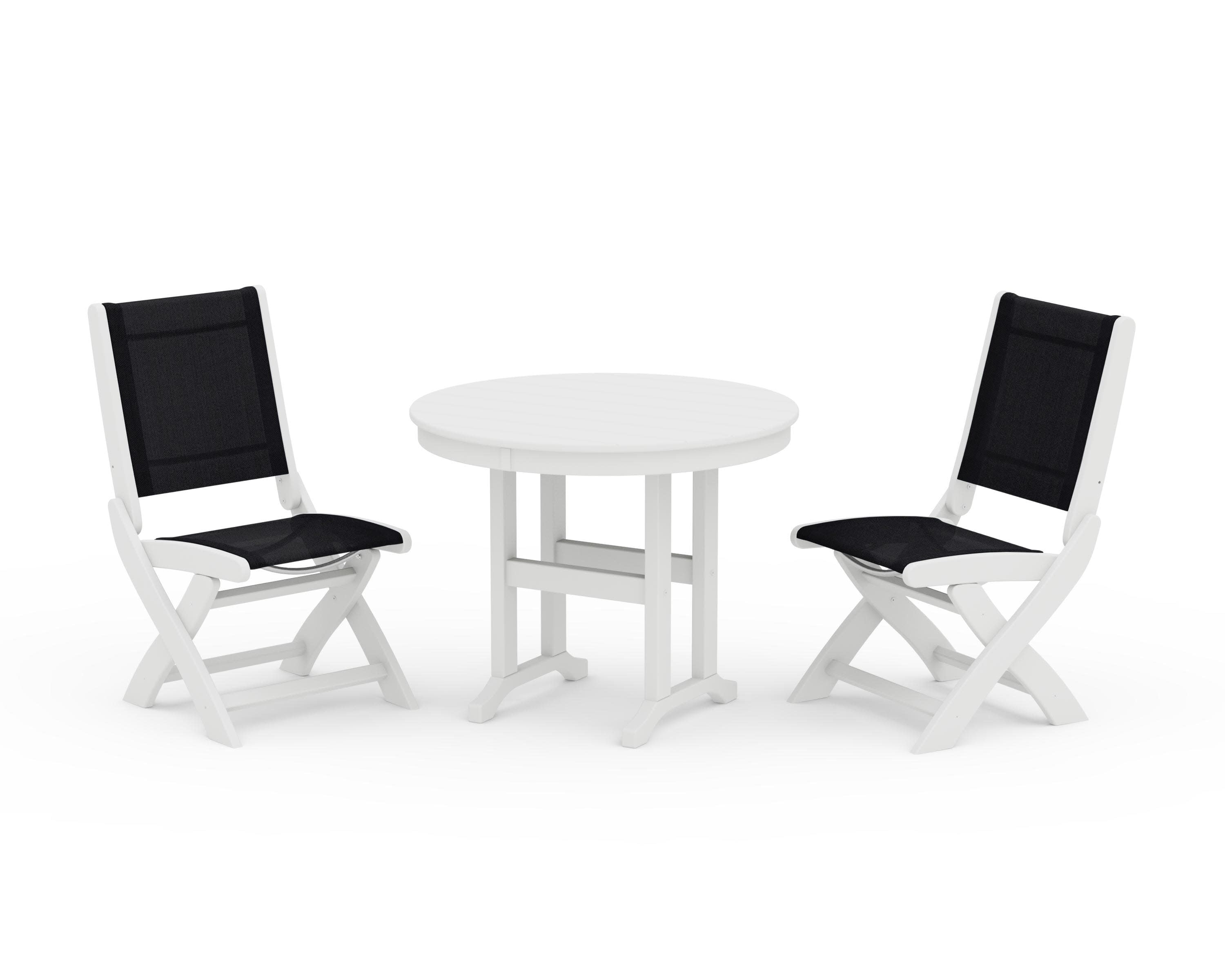 Coastal Folding Side Chair 3-Piece Round Dining Set in White / Black Sling