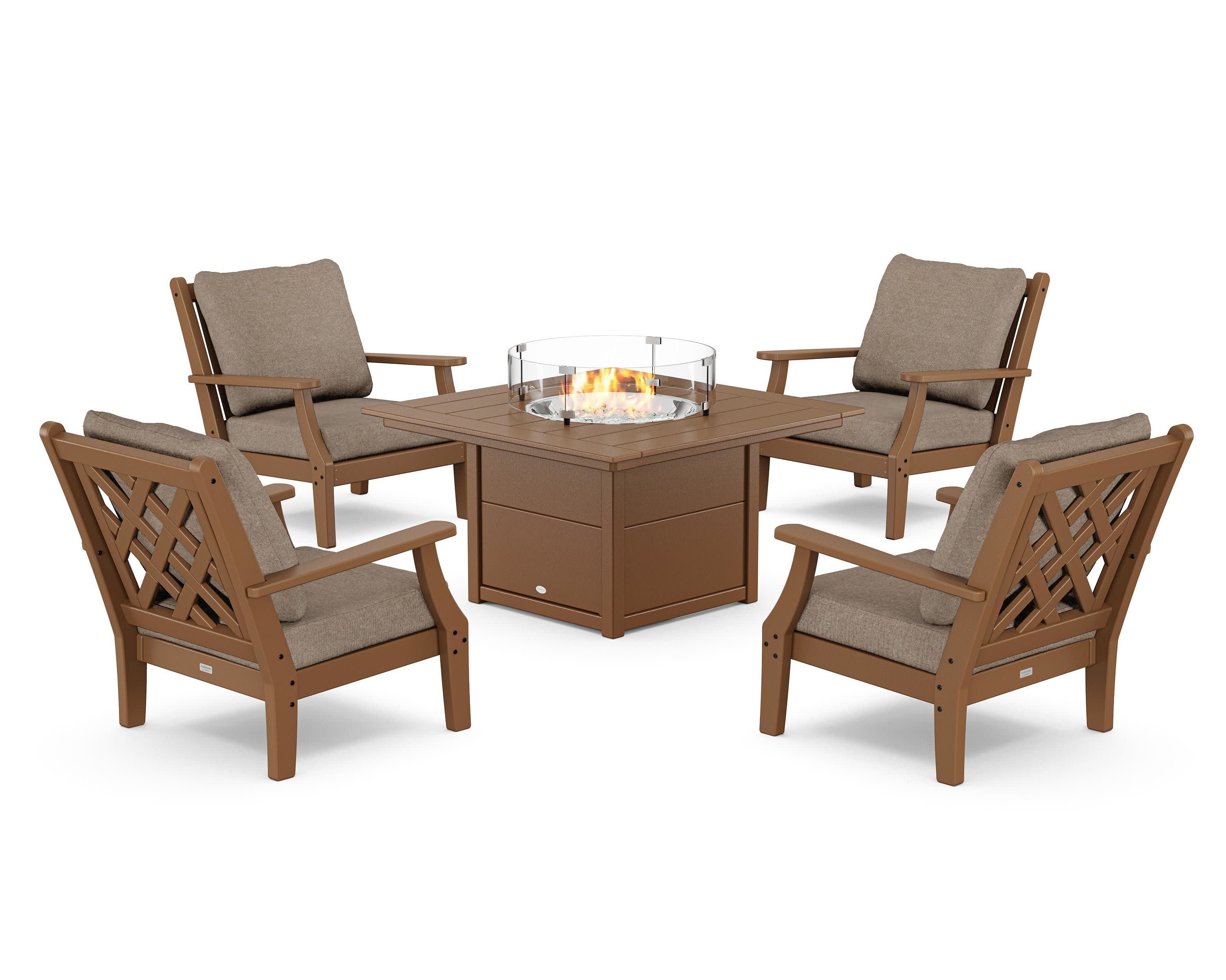 Wovendale 5-Piece Deep Seating Set with Fire Pit Table in Teak / Spiced Burlap