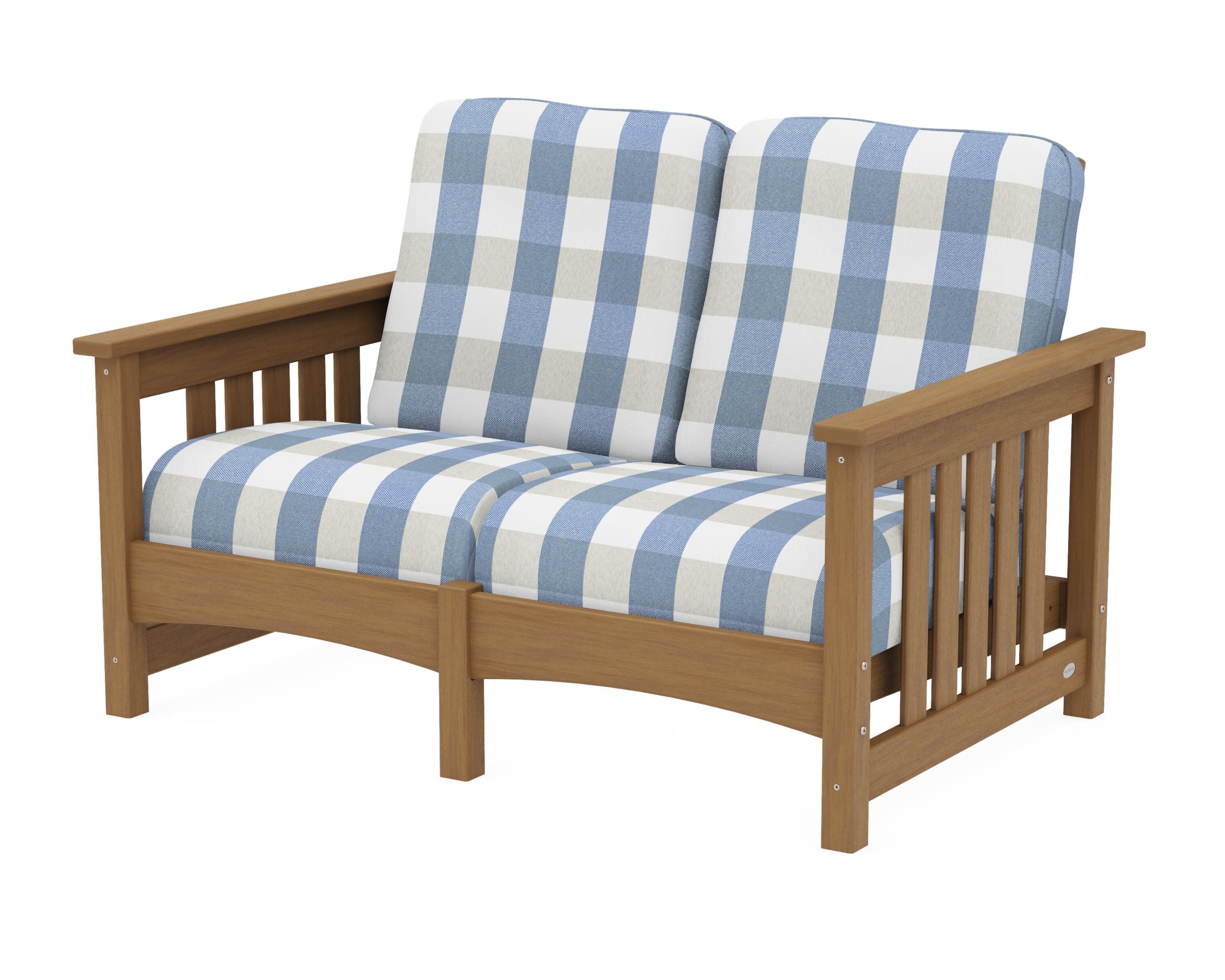 Club Mission Loveseat in Natural / Buffalo Plaid Sky Blue