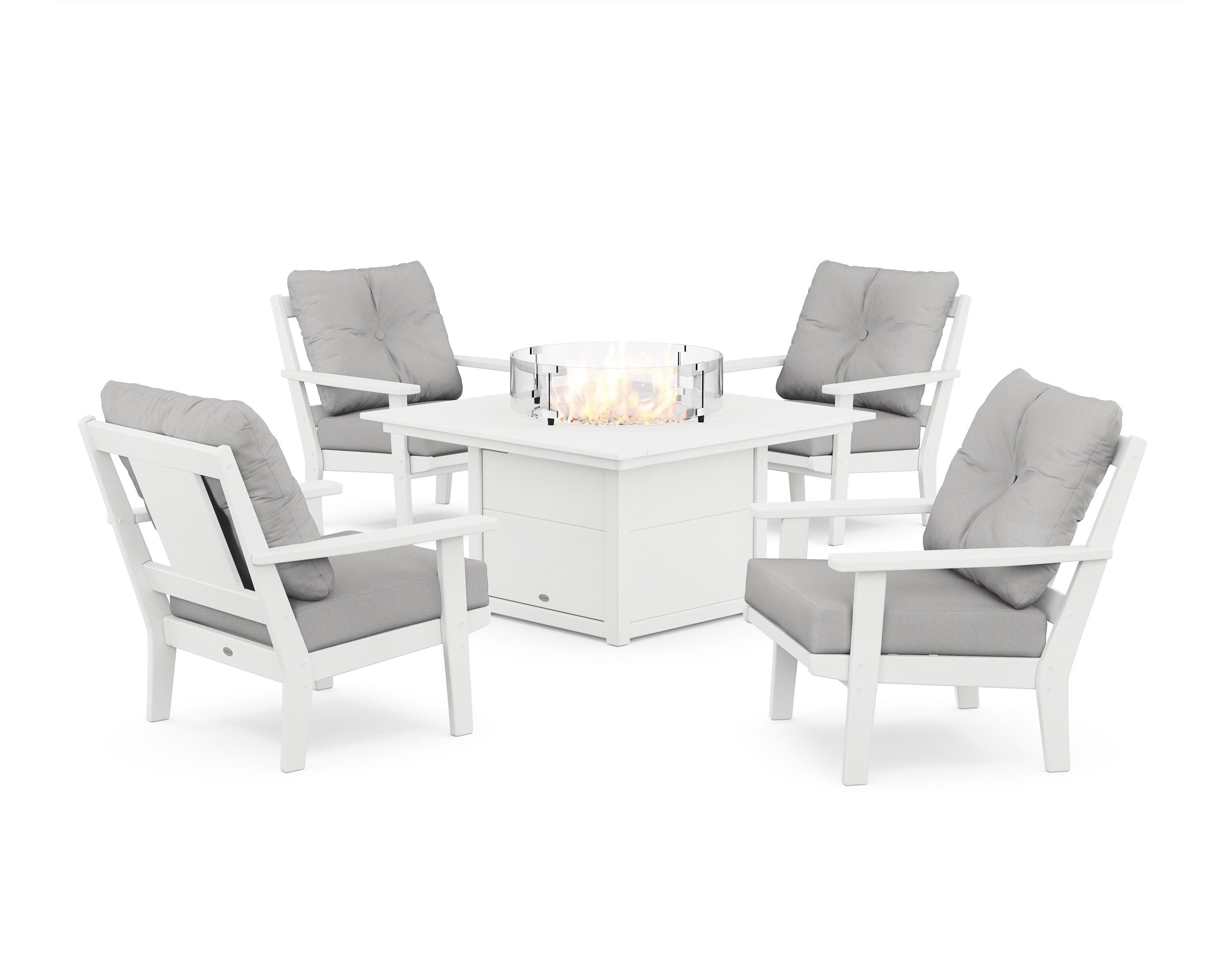 Prairie 5-Piece Deep Seating Set with Fire Pit Table in White / Diamond in the Rough