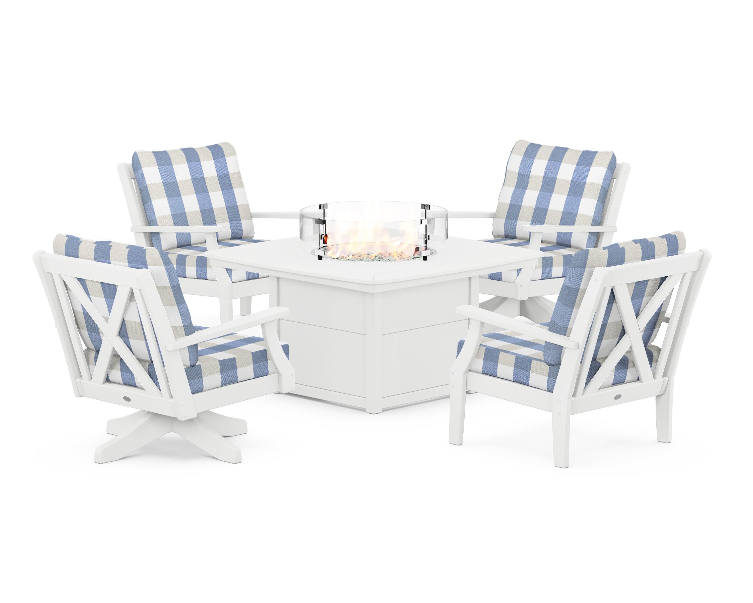 Braxton 5-Piece Deep Seating Set with Fire Table in White / Buffalo Plaid Sky Blue