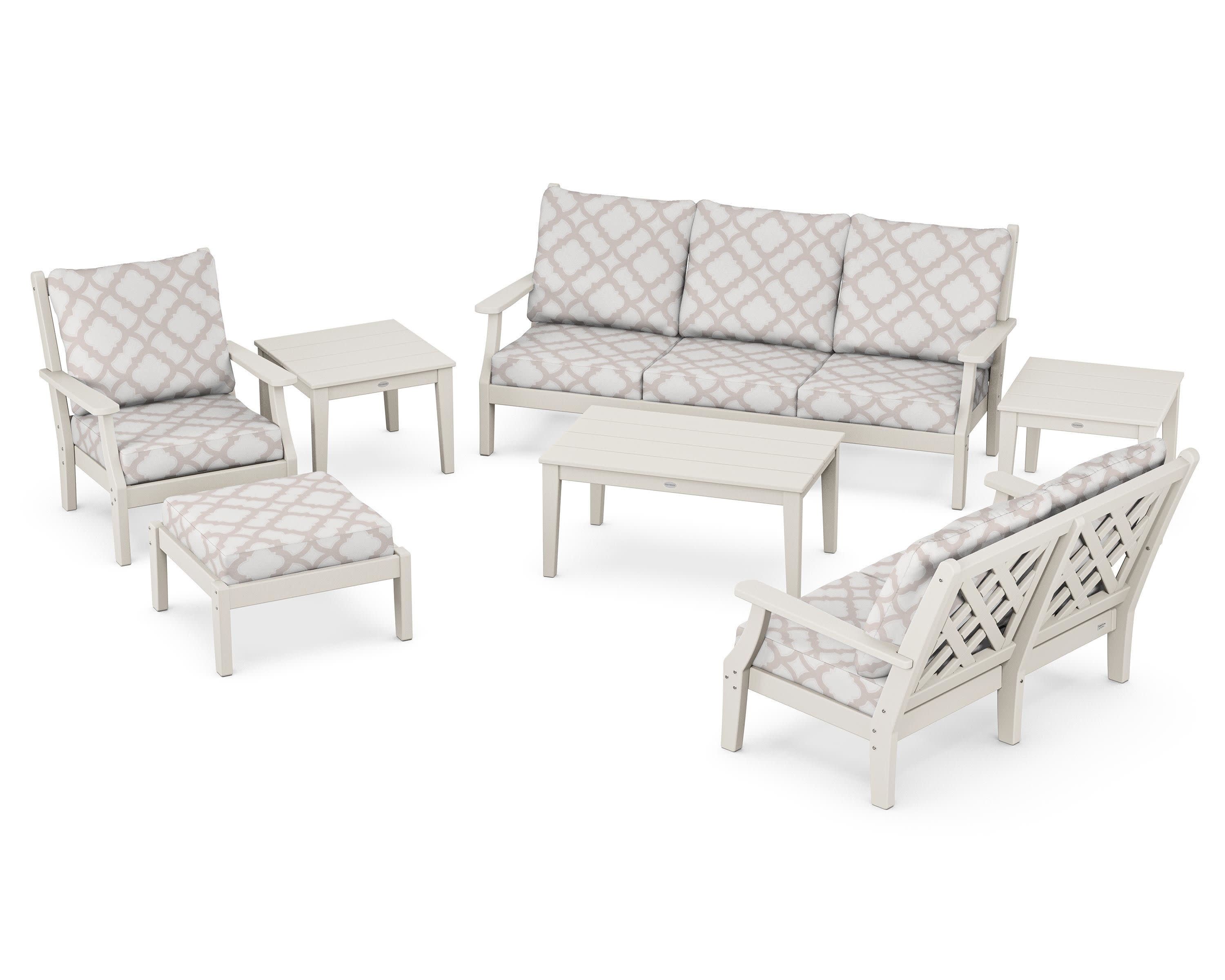 Wovendale 7-Piece Deep Seating Set in Sand / Trellis Dune Burlap