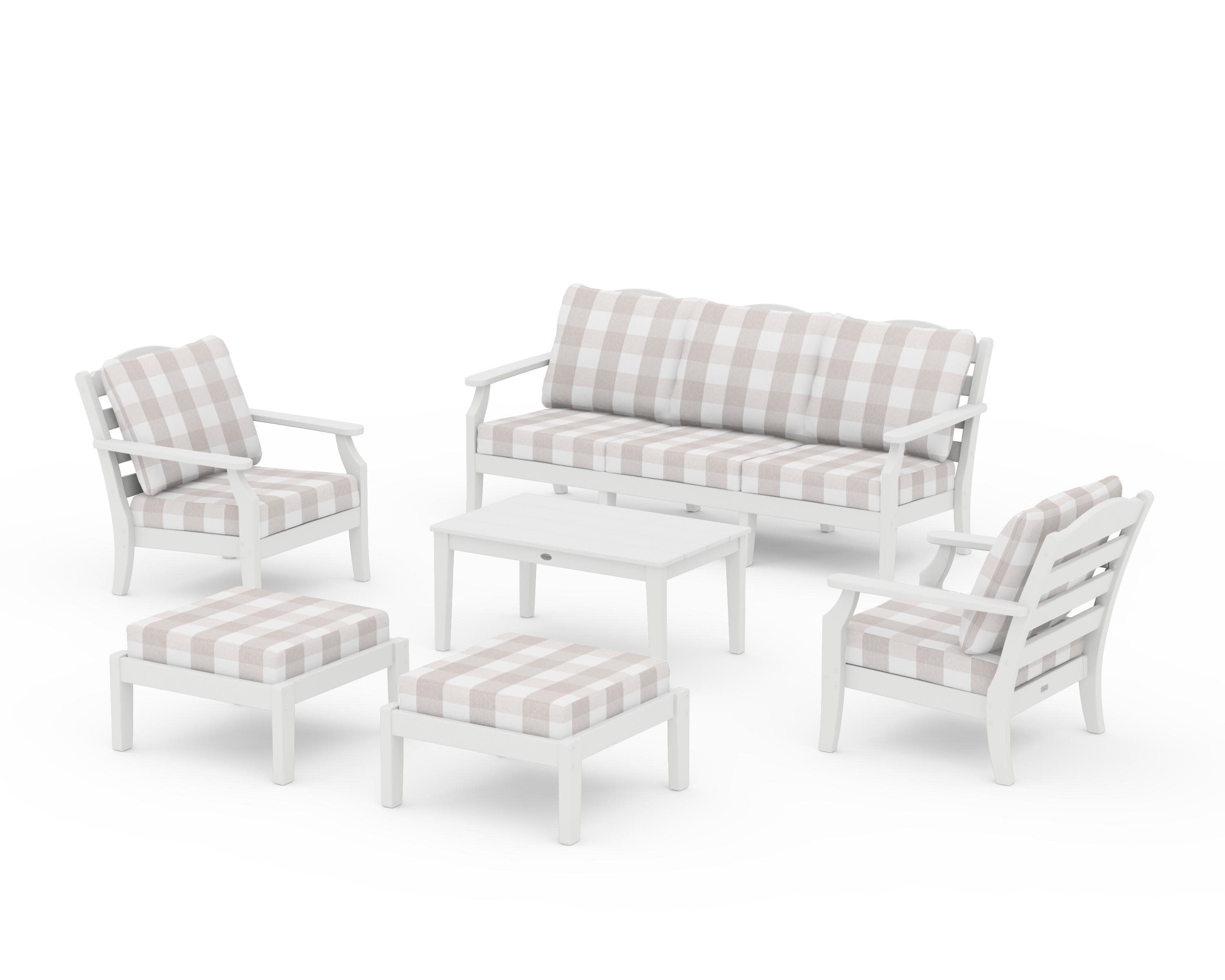 Savannah 6-Piece Lounge Sofa Set in Vintage White / Buffalo Plaid Dune Burlap