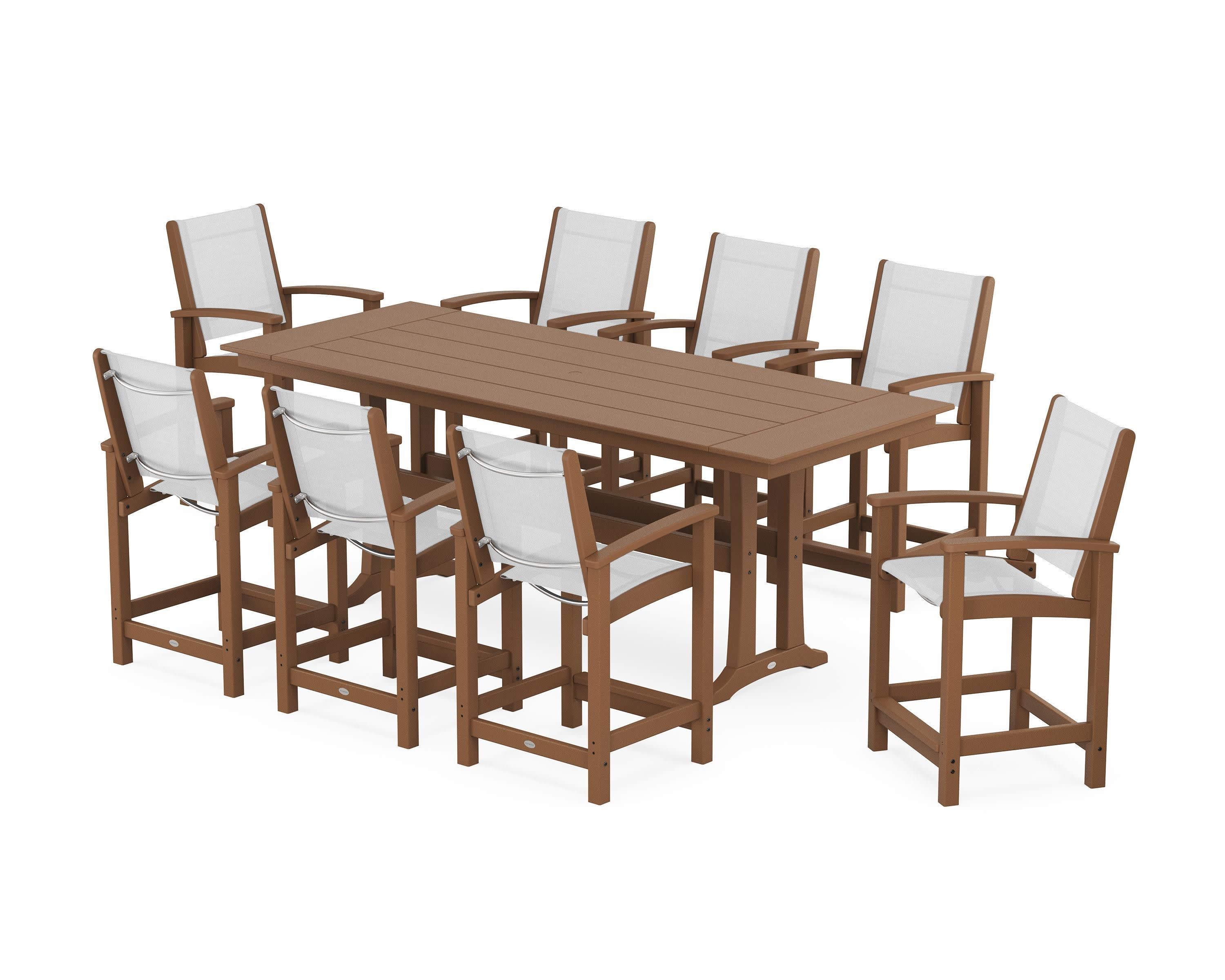 Coastal 9-Piece Farmhouse Counter Set with Trestle Legs in Teak / White Sling