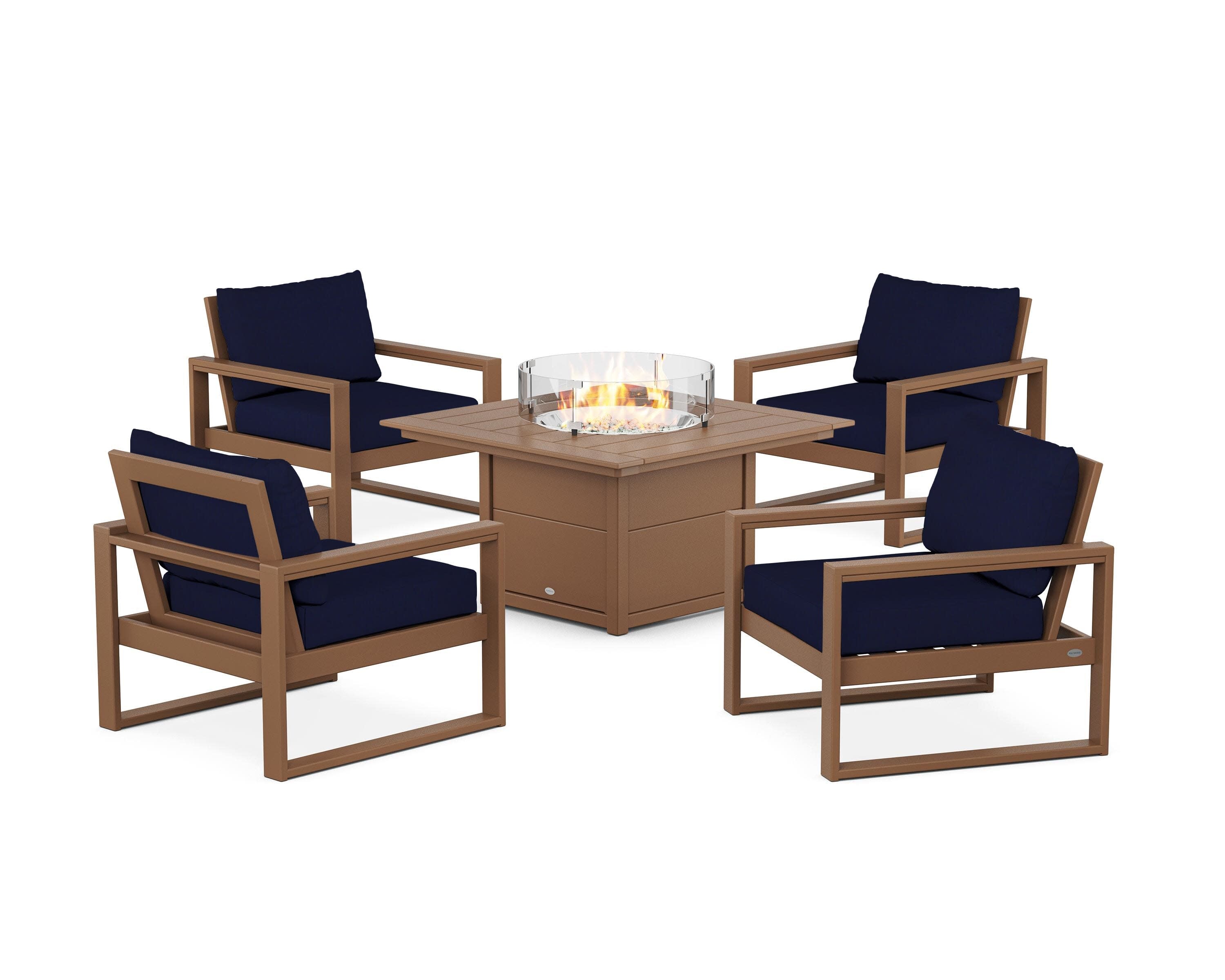 EDGE Sectional 5-Piece Deep Seating Set with Fire Pit Table in Teak / Navy