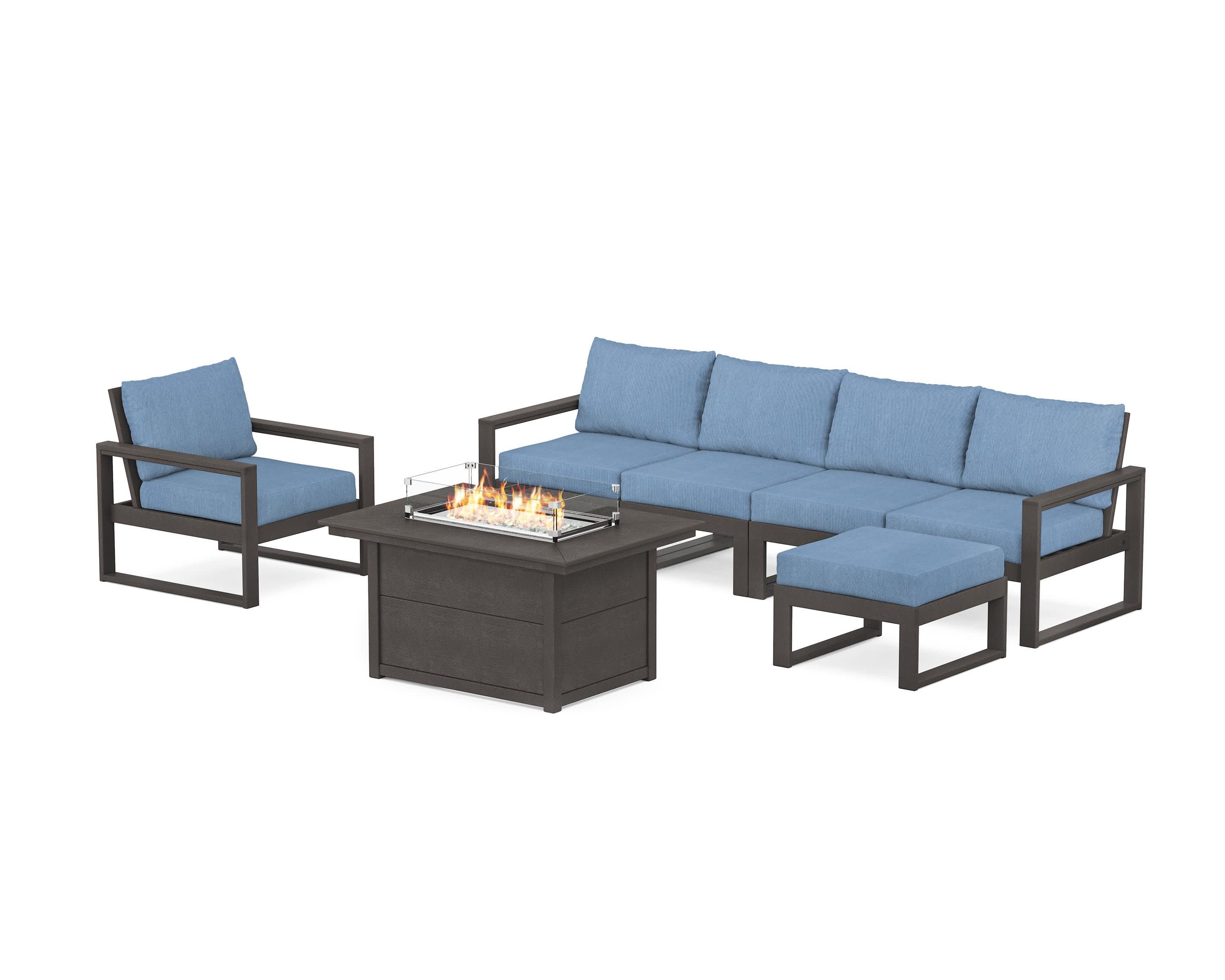 EDGE Sectional Lounge and Fire Pit Set in Vintage Coffee / Sky Blue