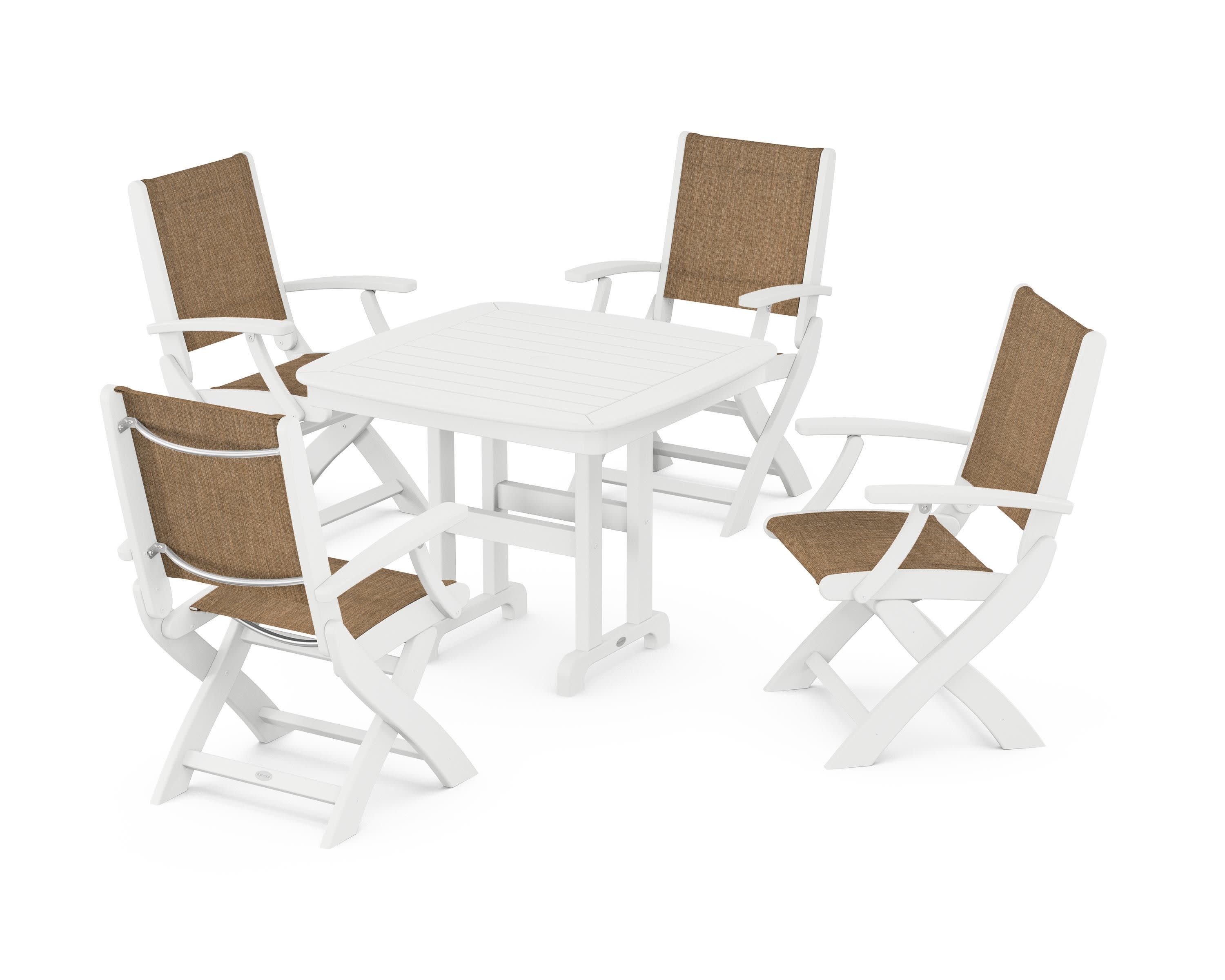 Coastal Folding Chair 5-Piece Dining Set in White / Burlap Sling