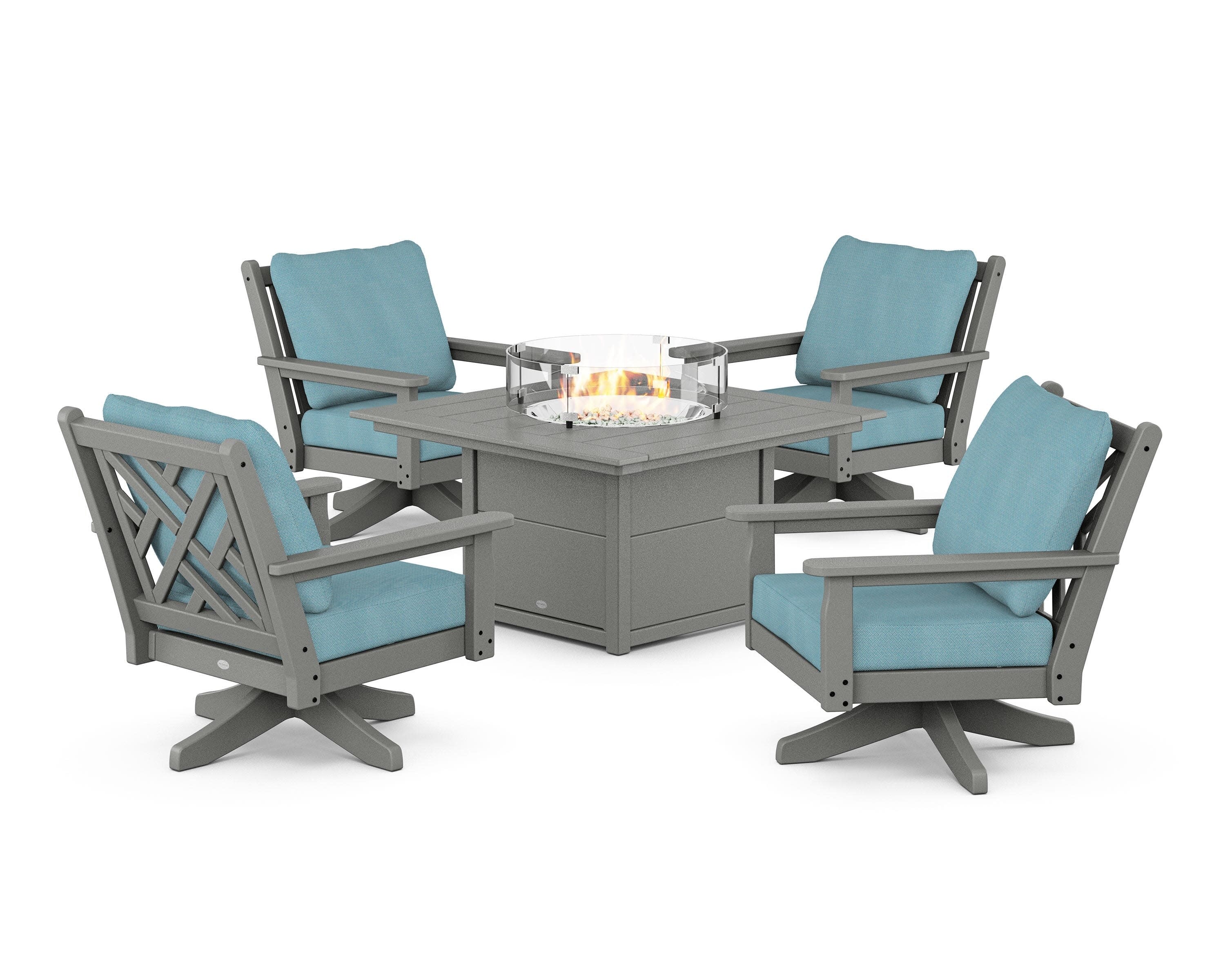 Chippendale 5-Piece Deep Seating Swivel Conversation Set with Fire Pit Table in Slate Grey / Lattice Sky Blue