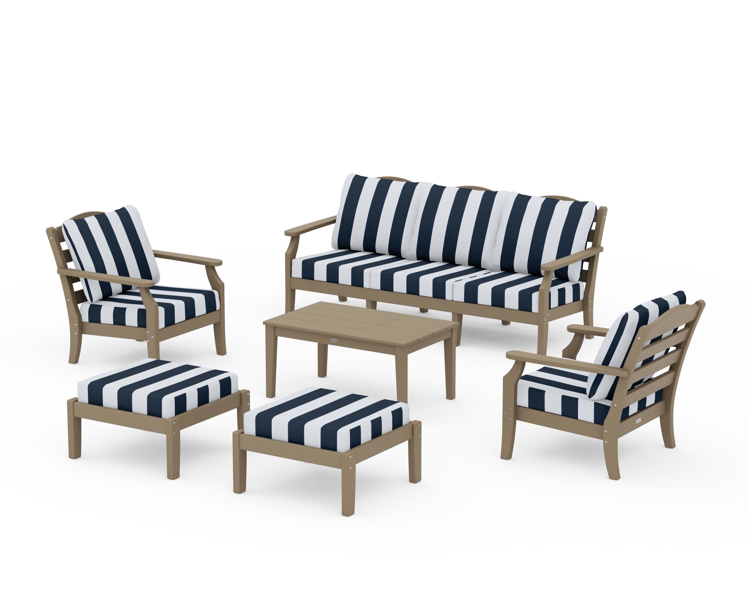 Savannah 6-Piece Lounge Sofa Set in Vintage Sahara / Cabana Stripe Marine Indigo