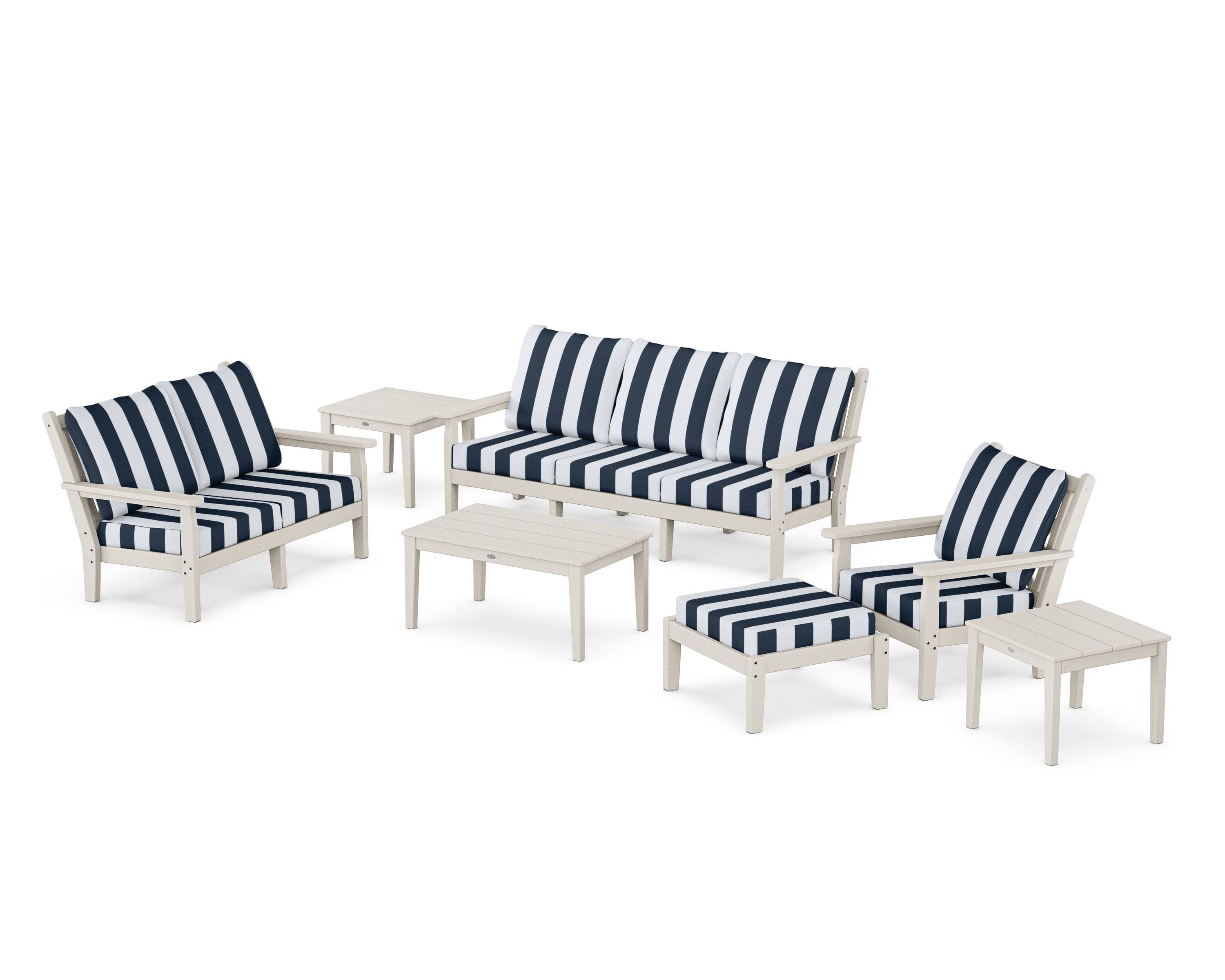 Chippendale 7-Piece Deep Seating Set in Sand / Cabana Stripe Marine Indigo