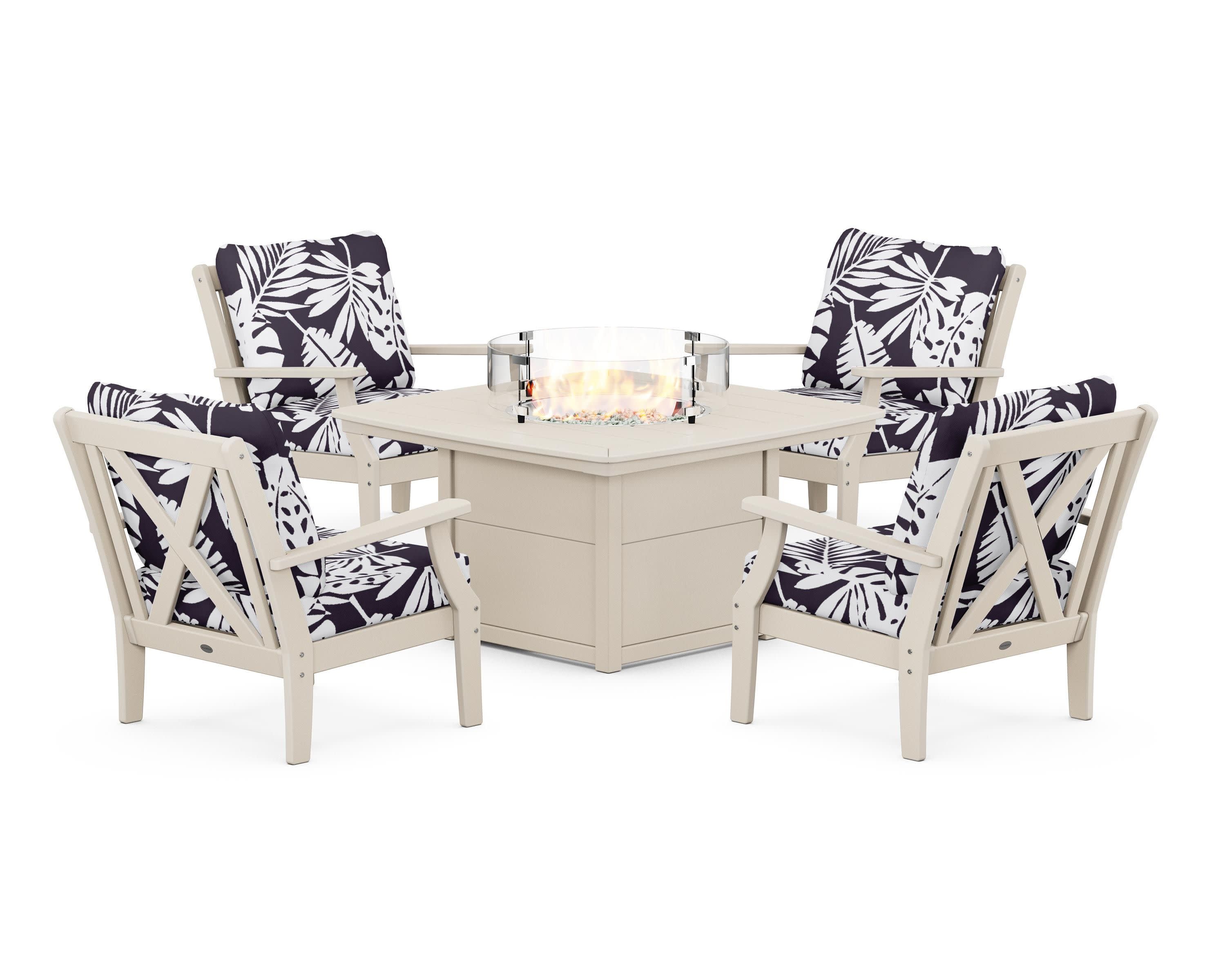 Braxton 5-Piece Deep Seating Conversation Set with Fire Pit Table in Sand / Leaf Navy
