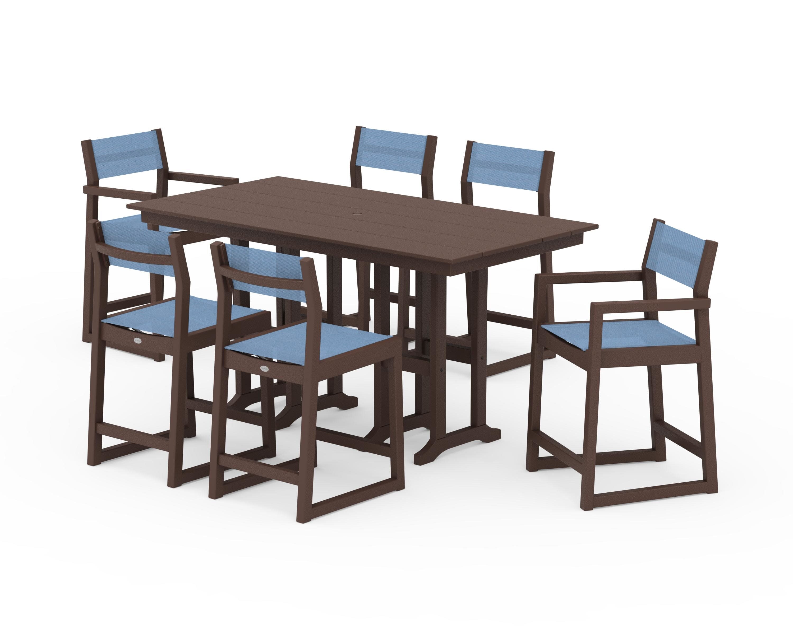 EDGE Sling 7-Piece Farmhouse Counter Set in Mahogany / Poolside Sling