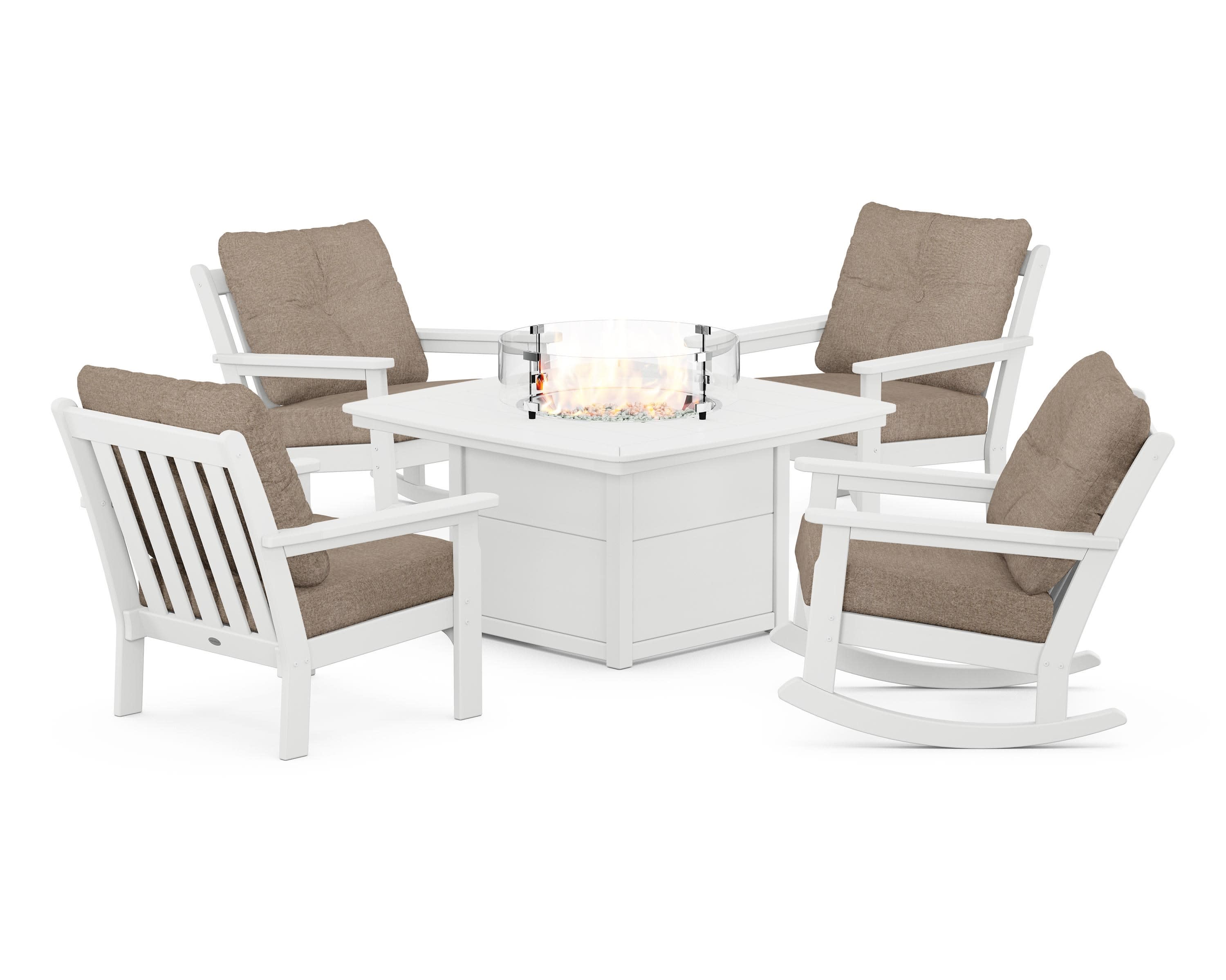 Vineyard 5-Piece Deep Seating Rocking Chair Conversation Set with Fire Pit Table in White / Spiced Burlap