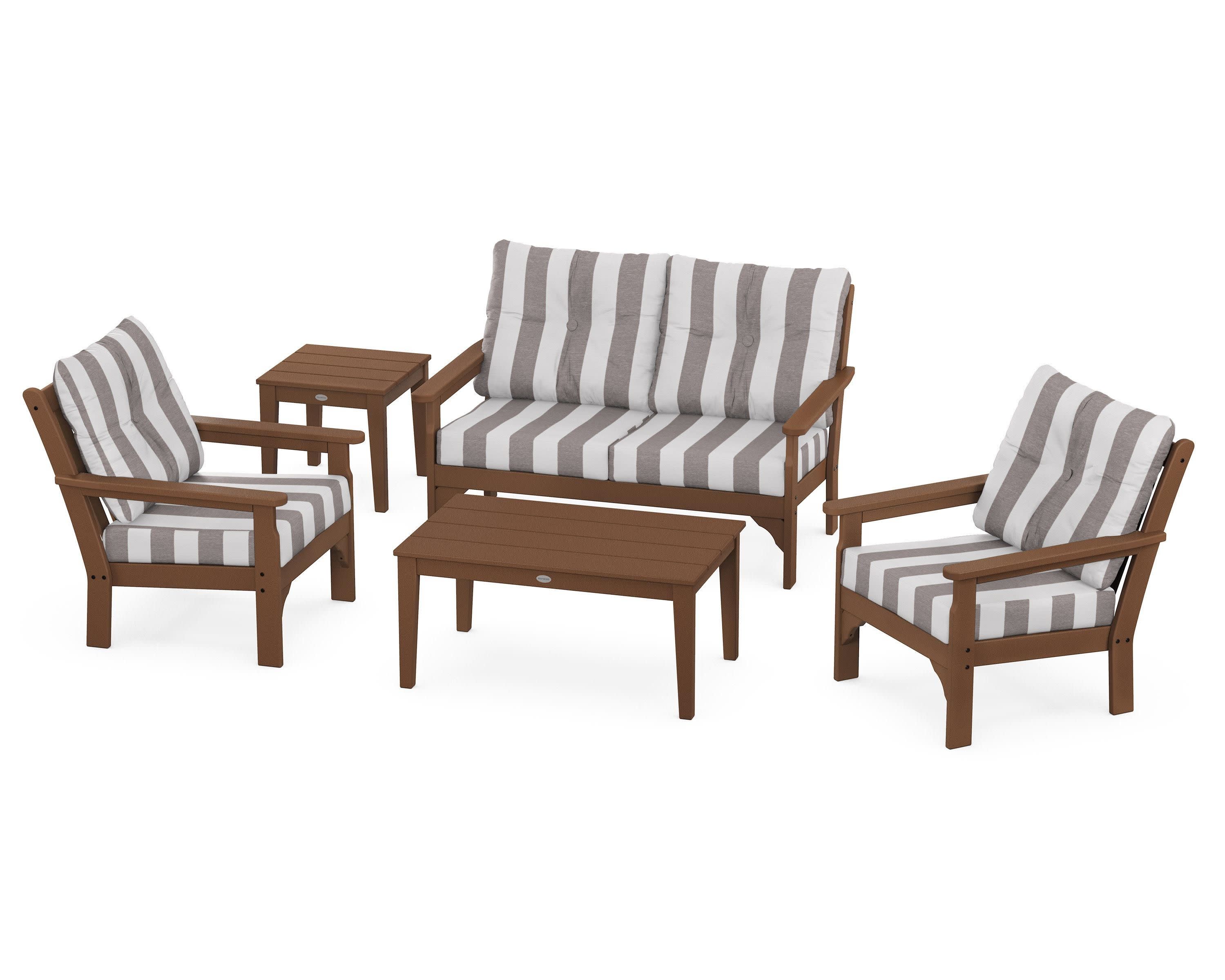 Vineyard 5-Piece Deep Seating Set in Teak / Cabana Stripe Grey Mist