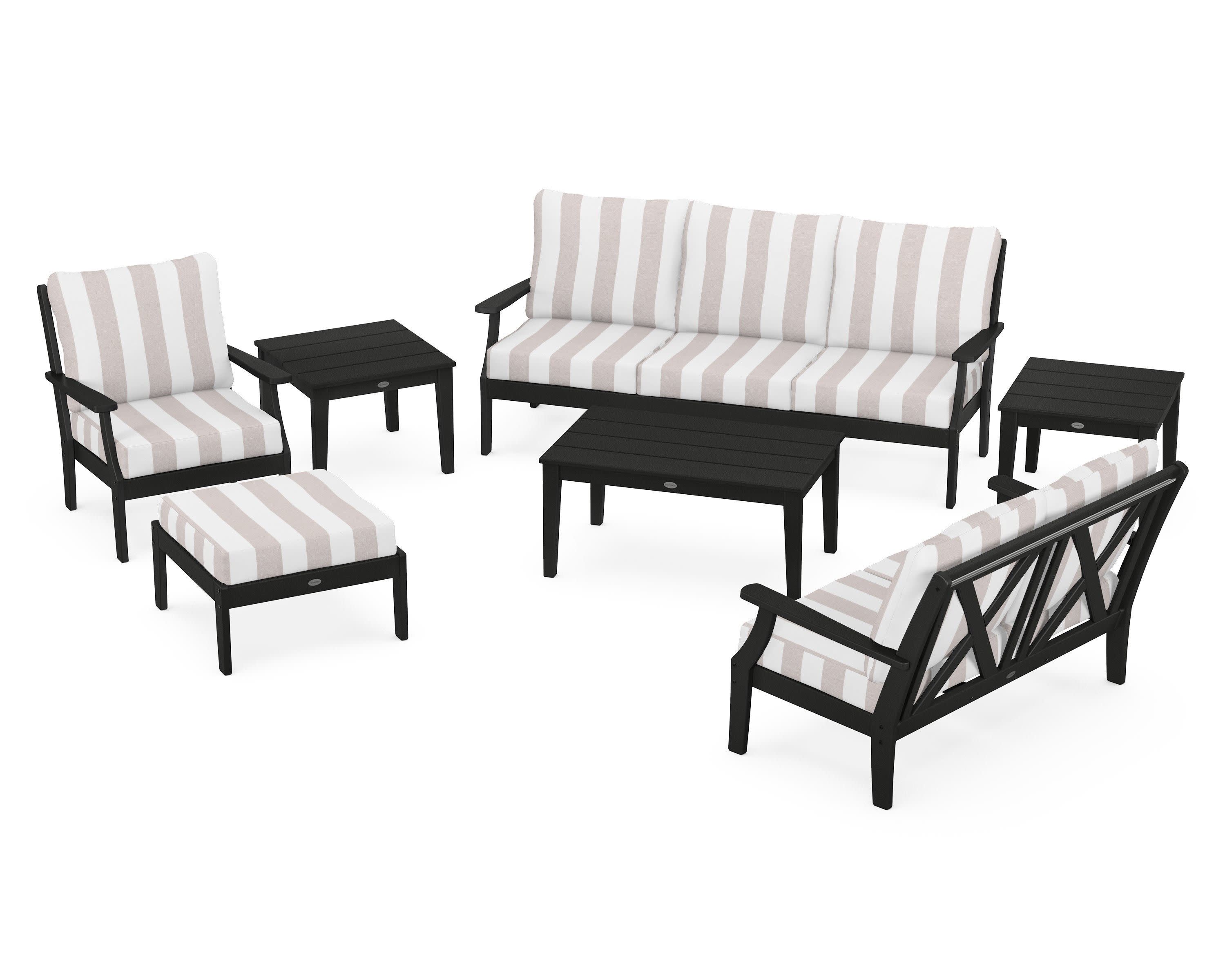 Braxton 7-Piece Deep Seating Set in Black / Cabana Stripe Dune Burlap