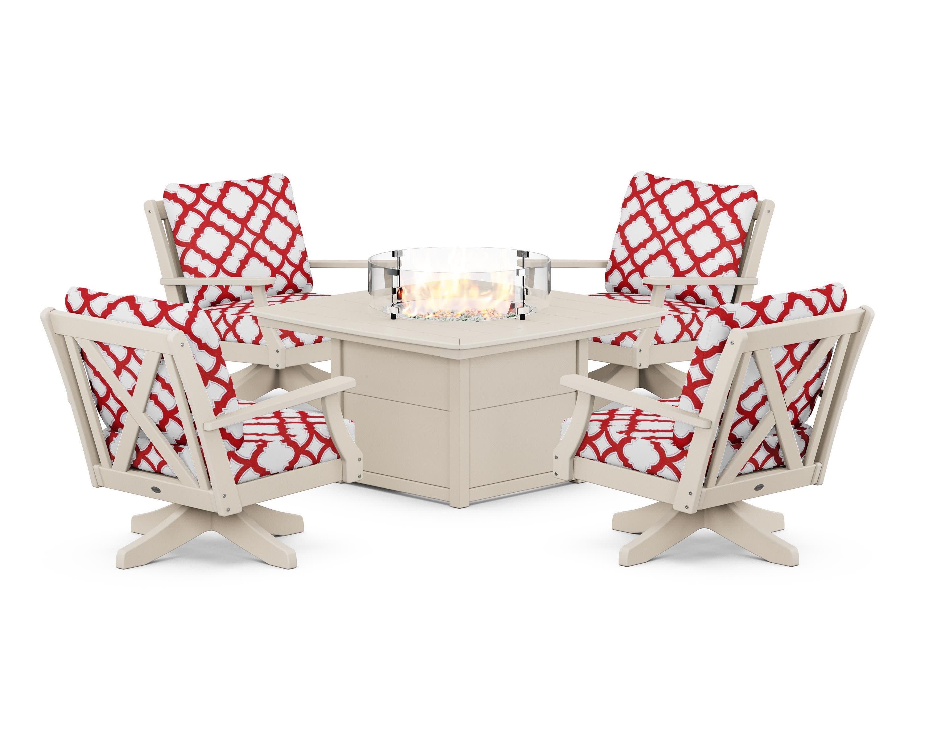 Braxton 5-Piece Deep Seating Swivel Conversation Set with Fire Pit Table in Sand / Trellis Crimson