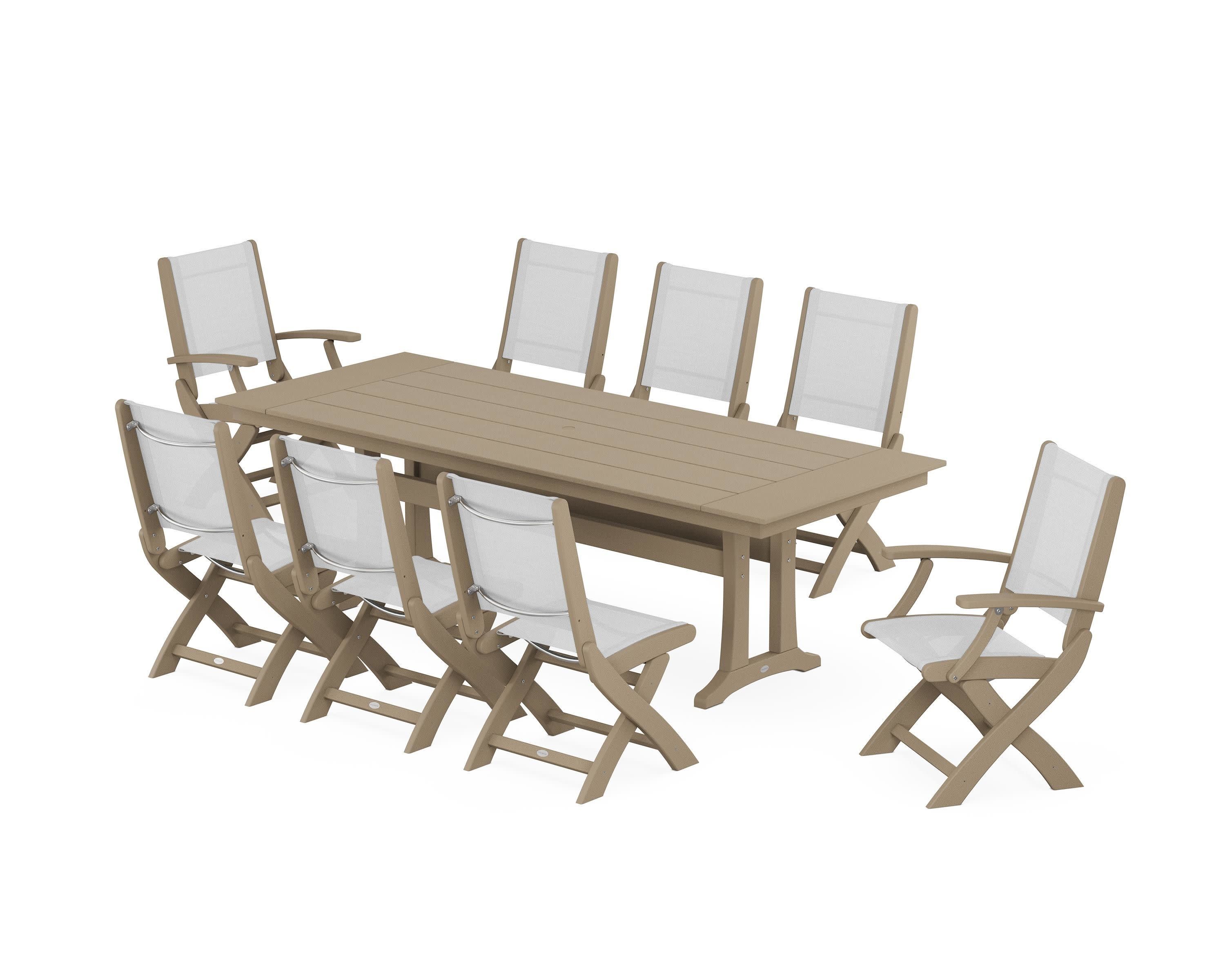 Coastal 9-Piece Folding Dining Chair Farmhouse Dining Set with Trestle Legs in Vintage Sahara / White Sling