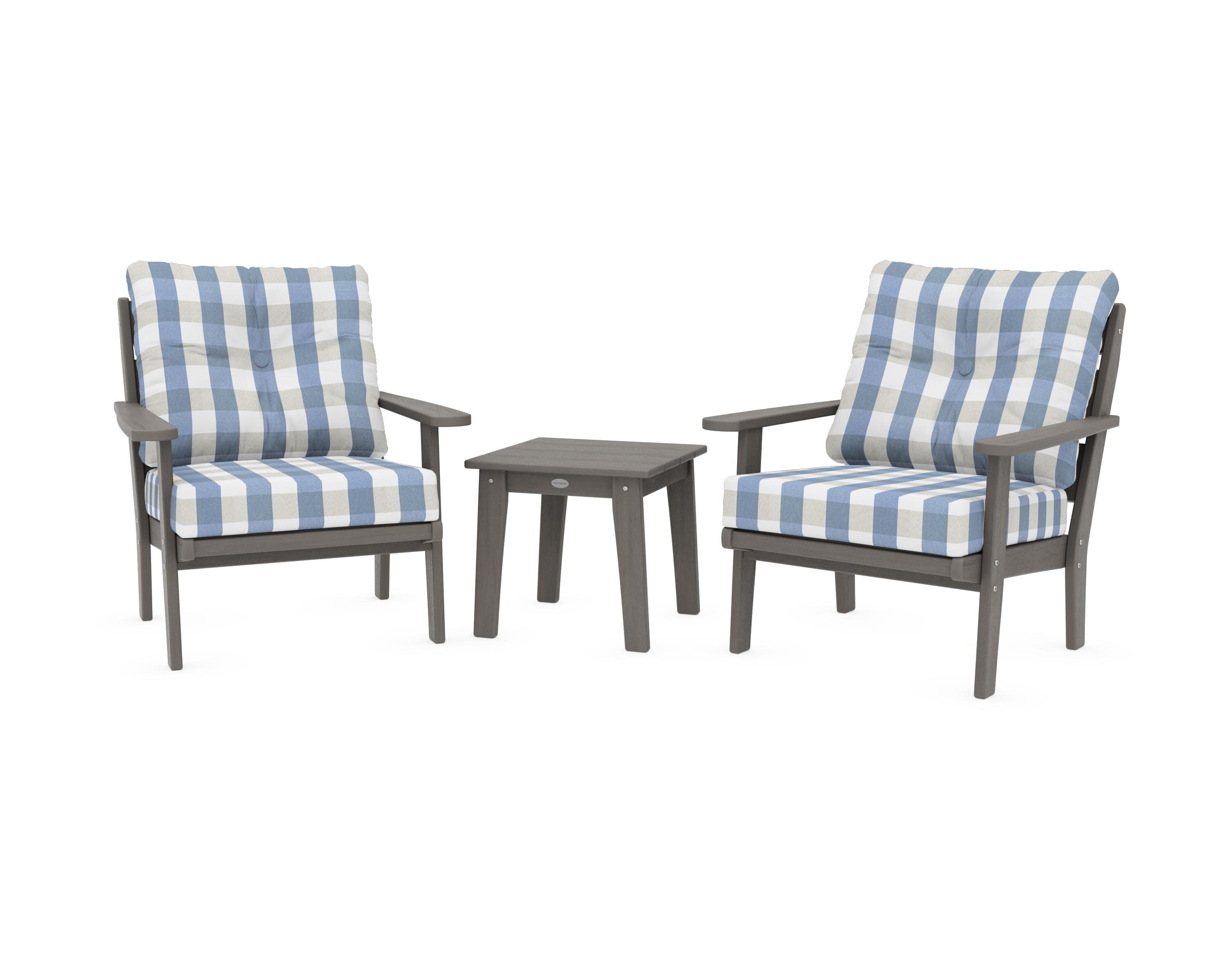 Lakeside 3-Piece Deep Seating Chair Set in Driftwood / Buffalo Plaid Sky Blue