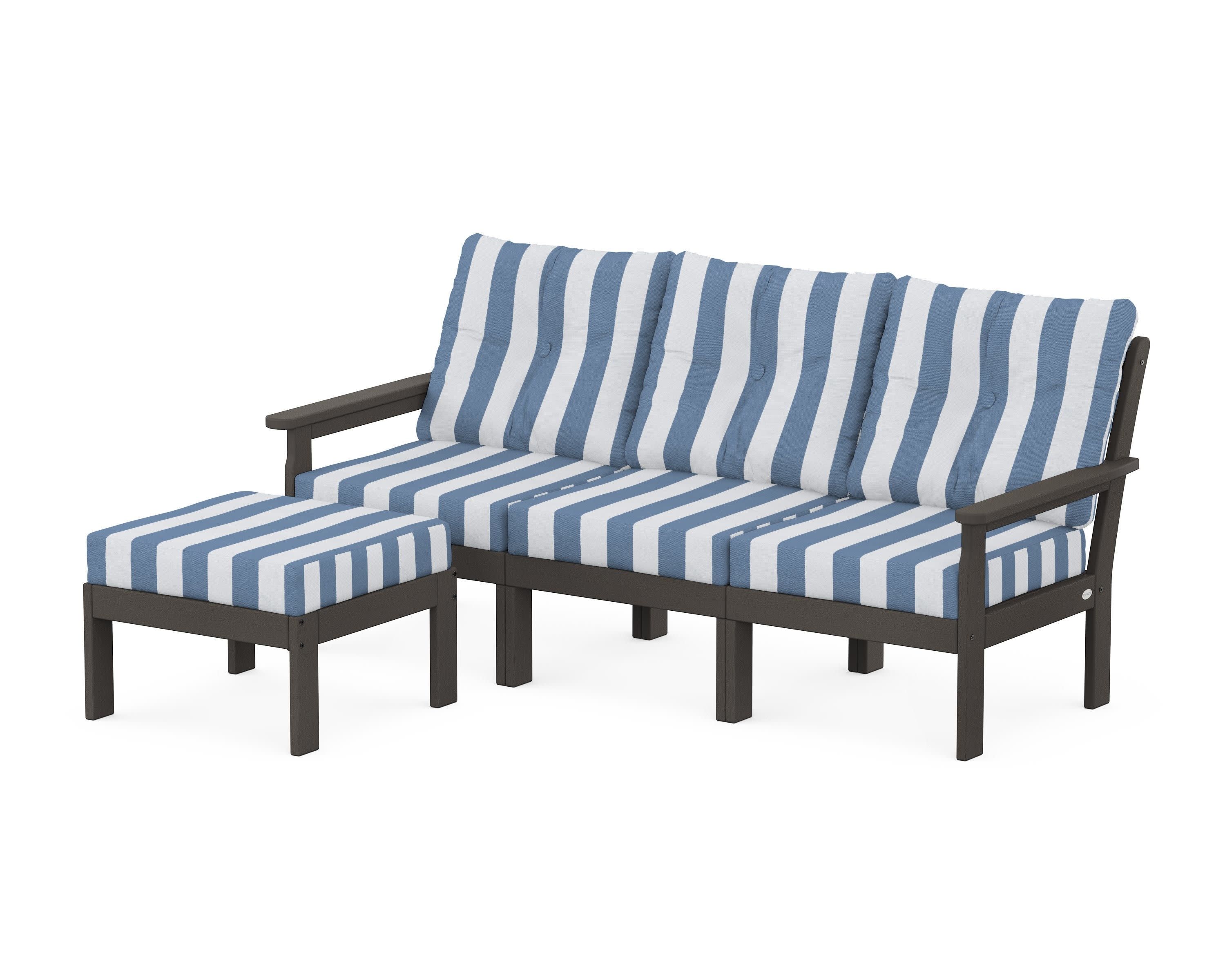 Vineyard 4-Piece Sectional with Ottoman in Vintage Coffee / Cabana Stripe Sky Blue