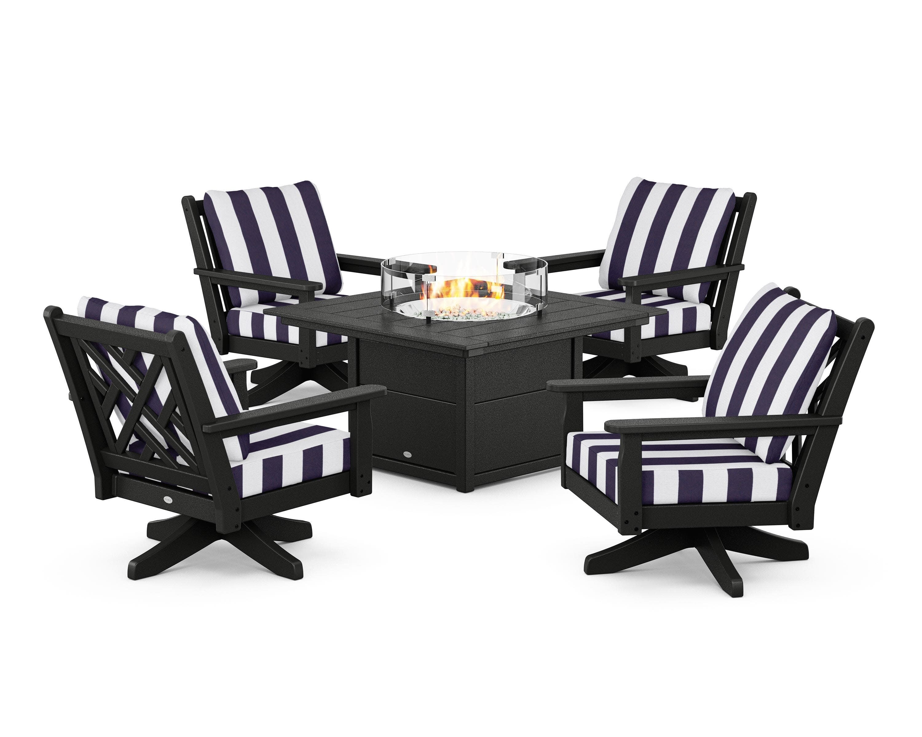 Chippendale 5-Piece Deep Seating Swivel Conversation Set with Fire Pit Table in Black / Cabana Stripe Navy