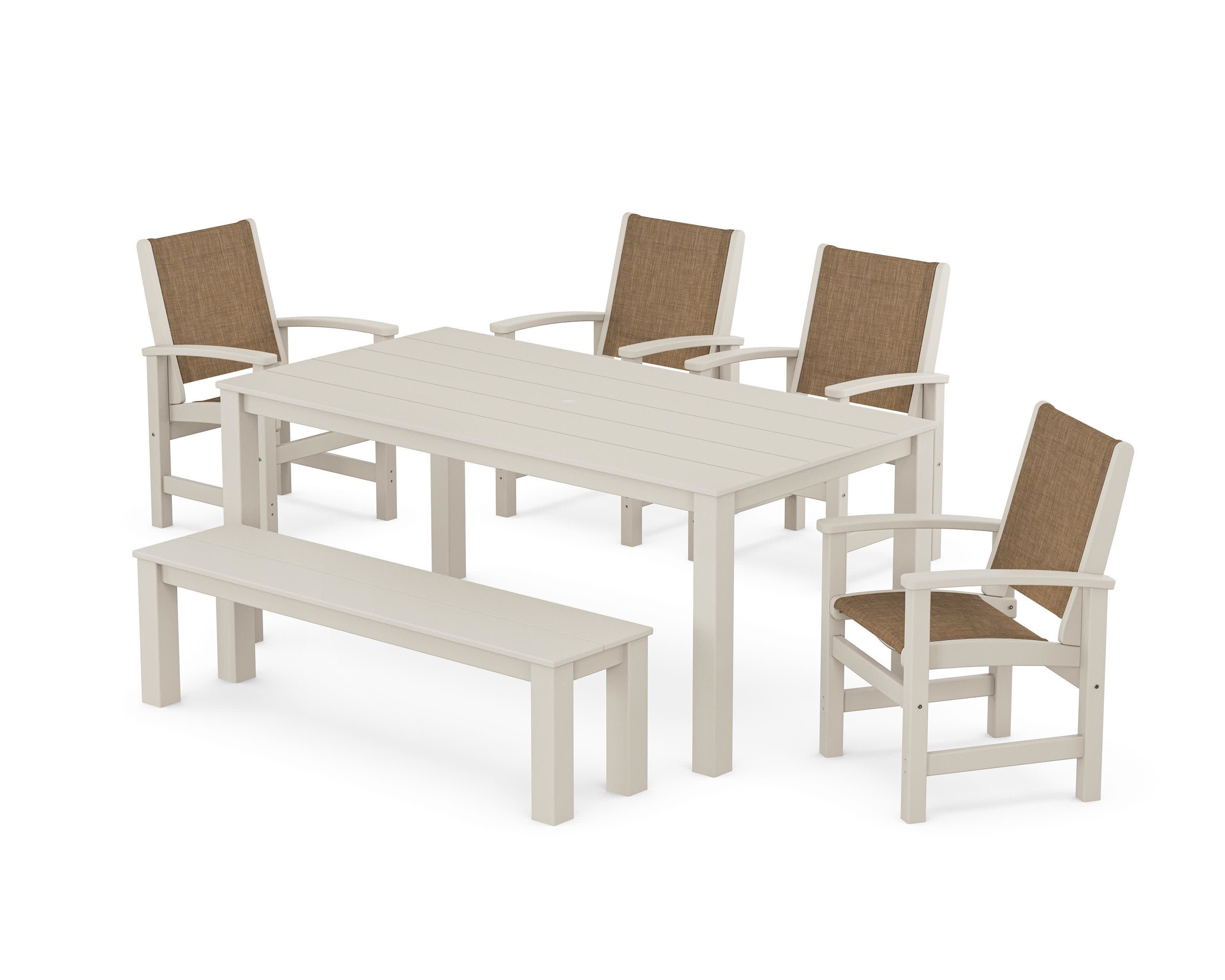 Coastal 6-Piece Parsons Dining Set with Bench in Sand / Burlap Sling