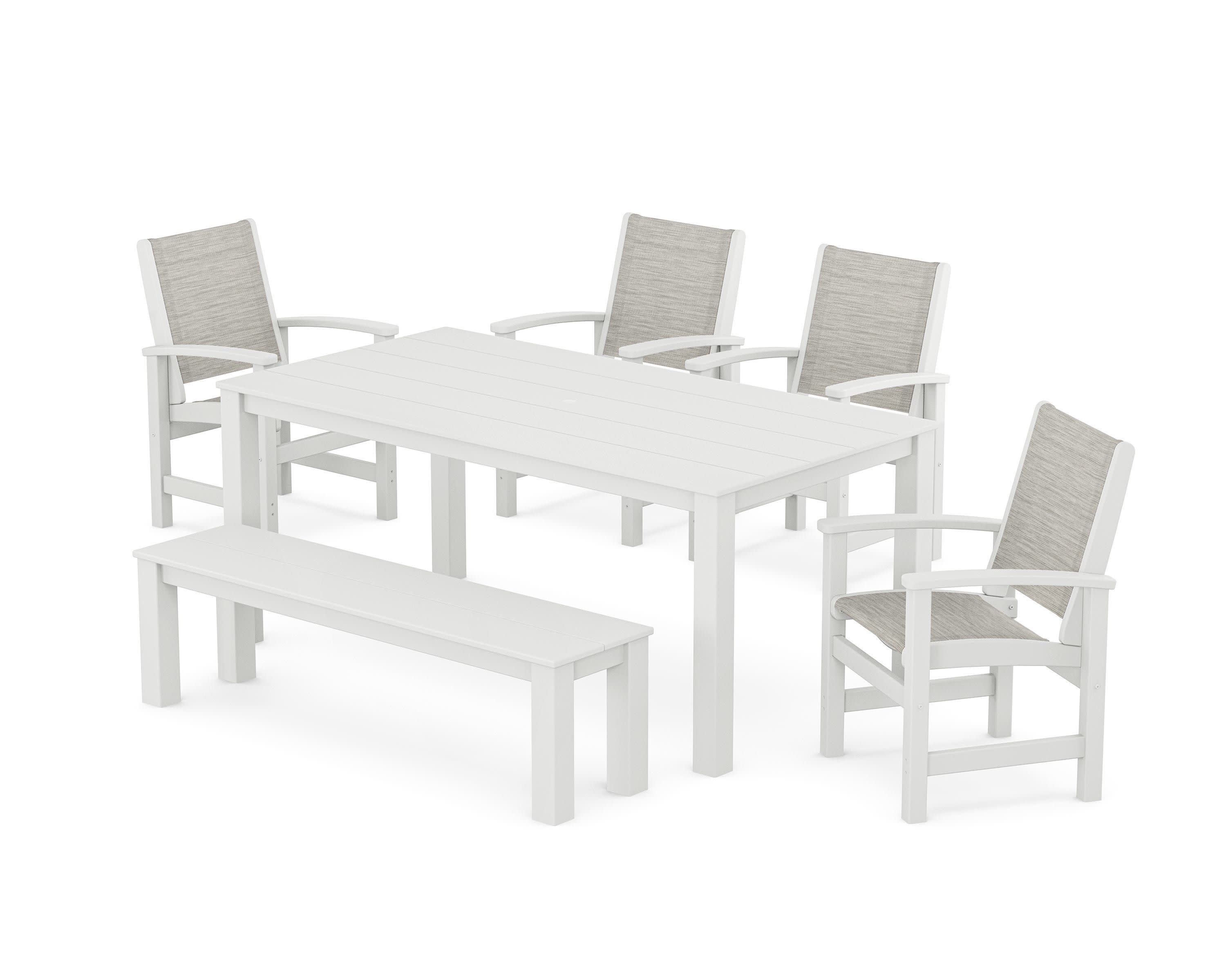 Coastal 6-Piece Parsons Dining Set with Bench in White / Birch Sling