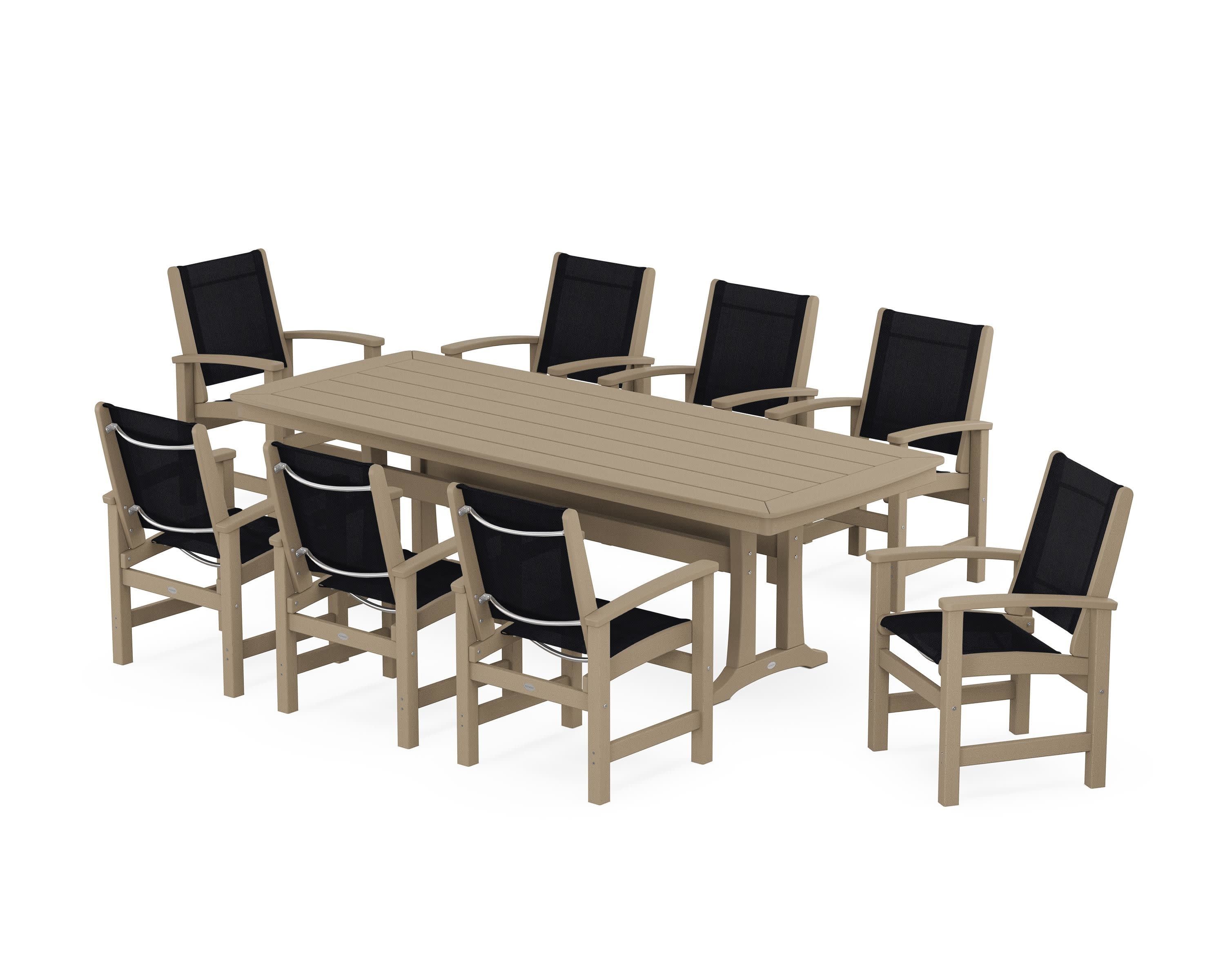 Coastal 9-Piece Dining Set with Trestle Legs in Vintage Sahara / Black Sling