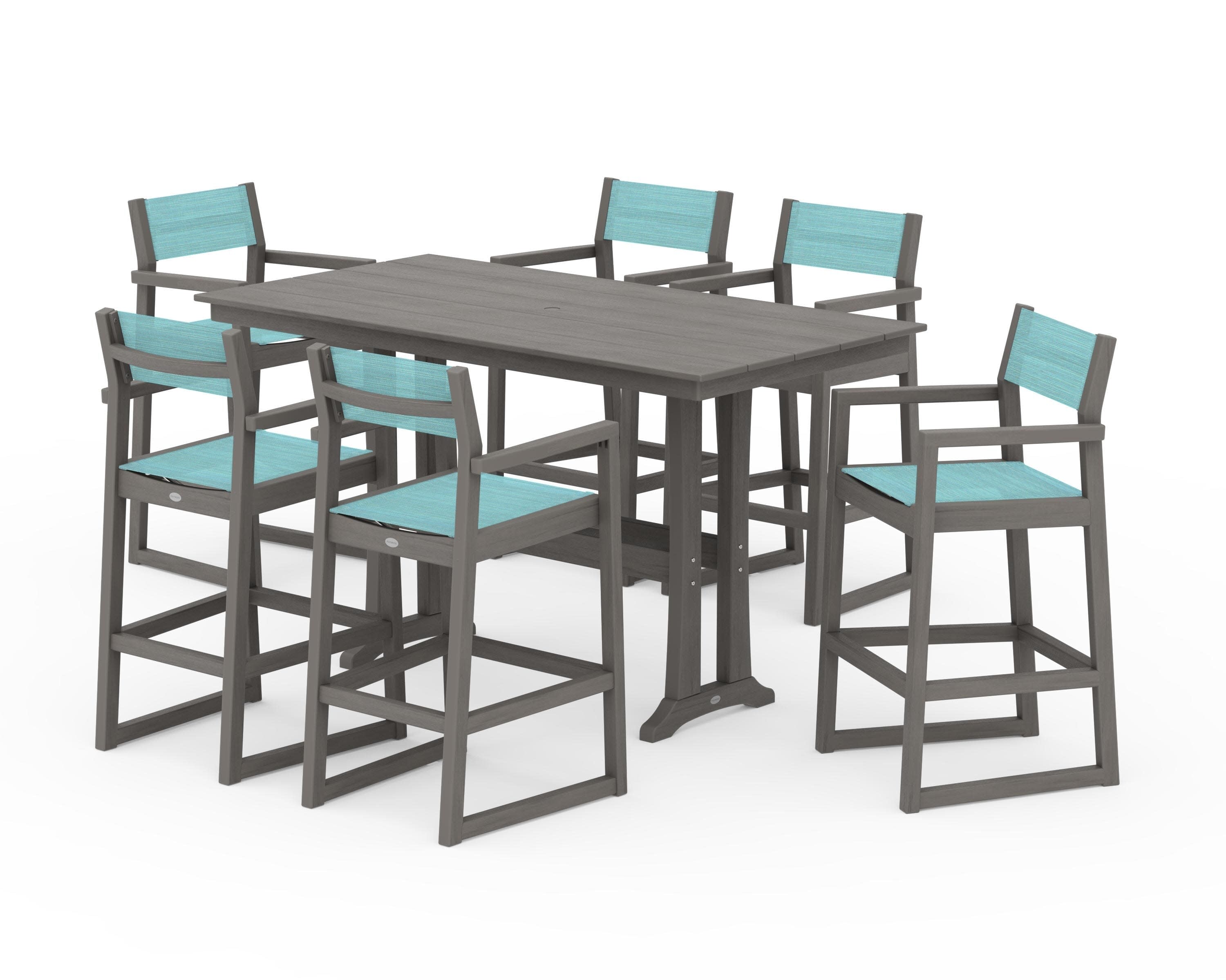 EDGE Sling Arm Chair 7-Piece Farmhouse Bar Set with Trestle Legs in Driftwood / Dupioni Aquamarine Sling