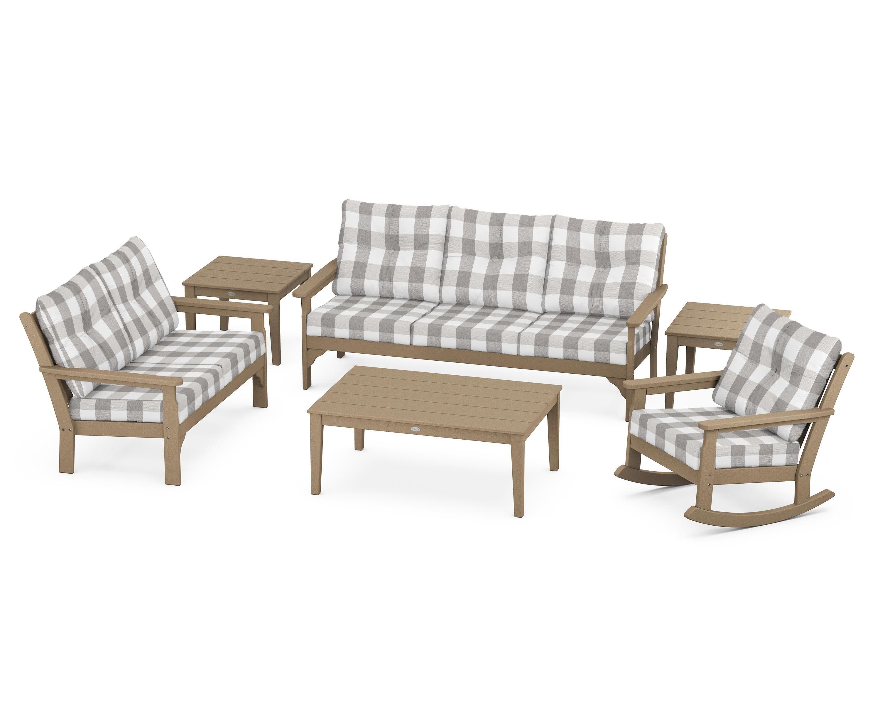 Vineyard 6-Piece Deep Seating Set in Vintage Sahara / Buffalo Plaid Grey Mist
