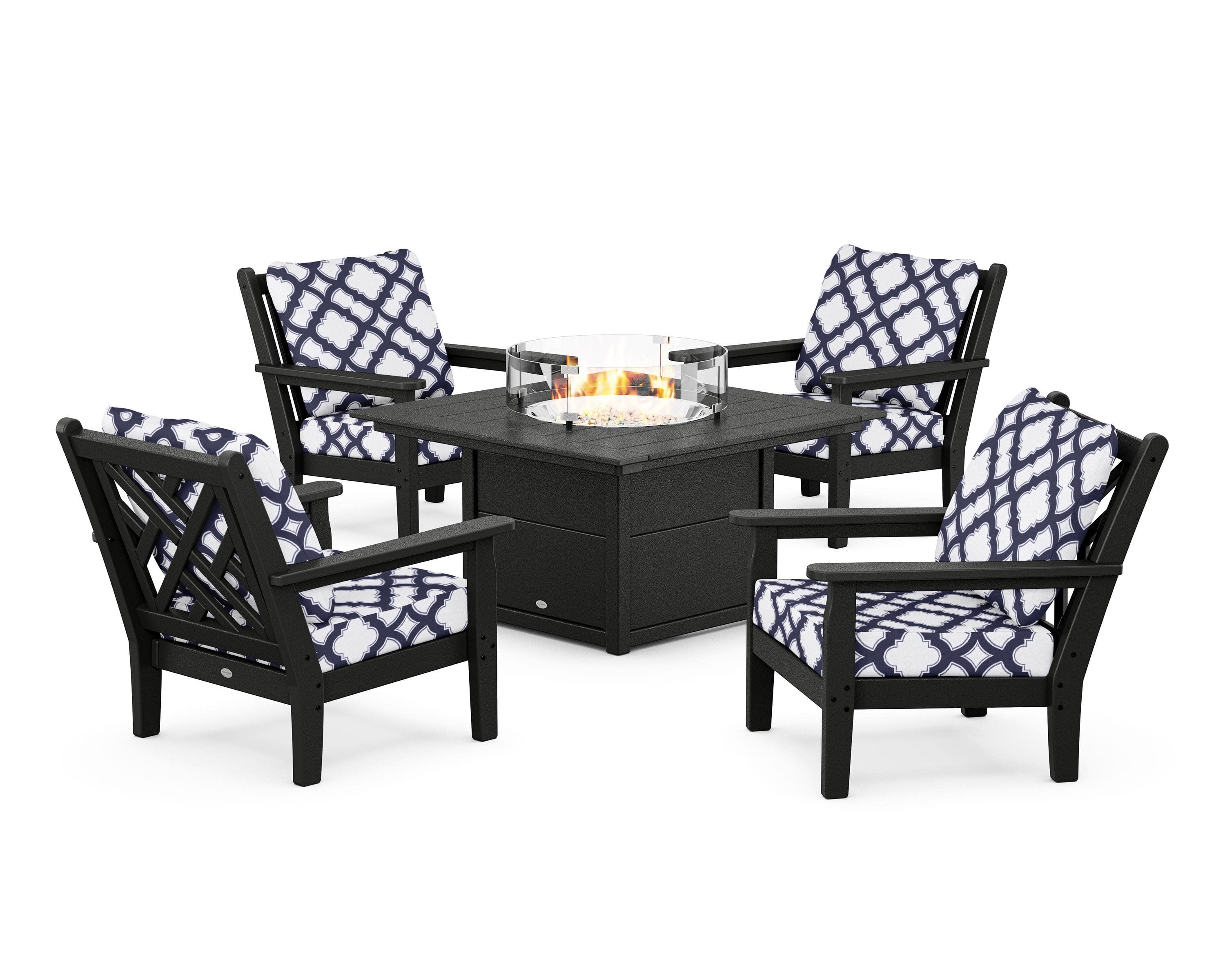 Chippendale 5-Piece Deep Seating Set with Fire Pit Table in Black / Trellis Navy