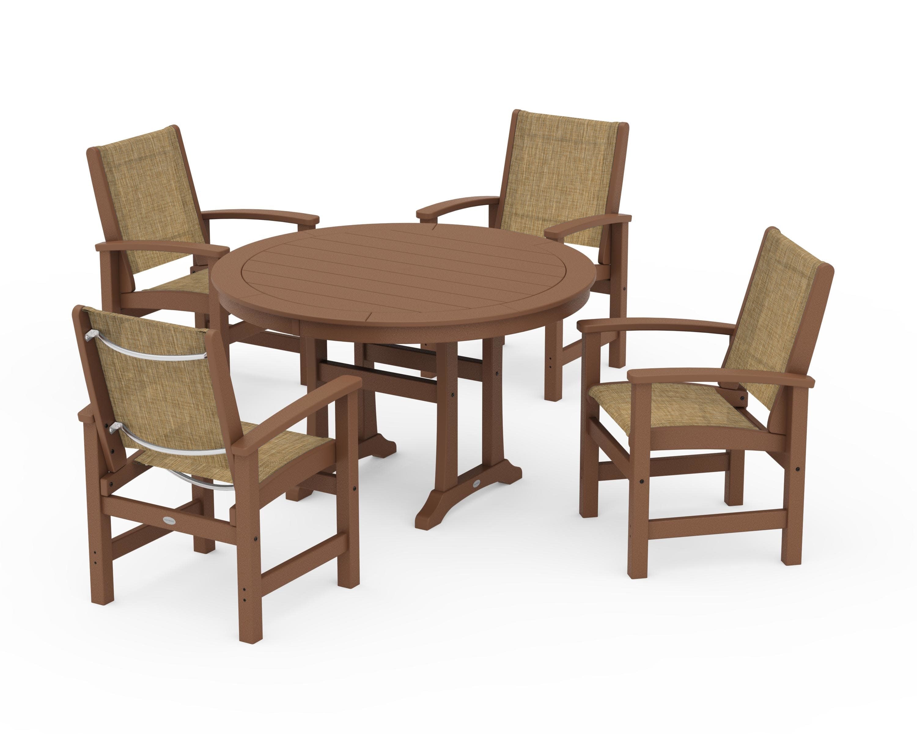 Coastal 5-Piece Round Dining Set with Trestle Legs in Teak / Burlap Sling