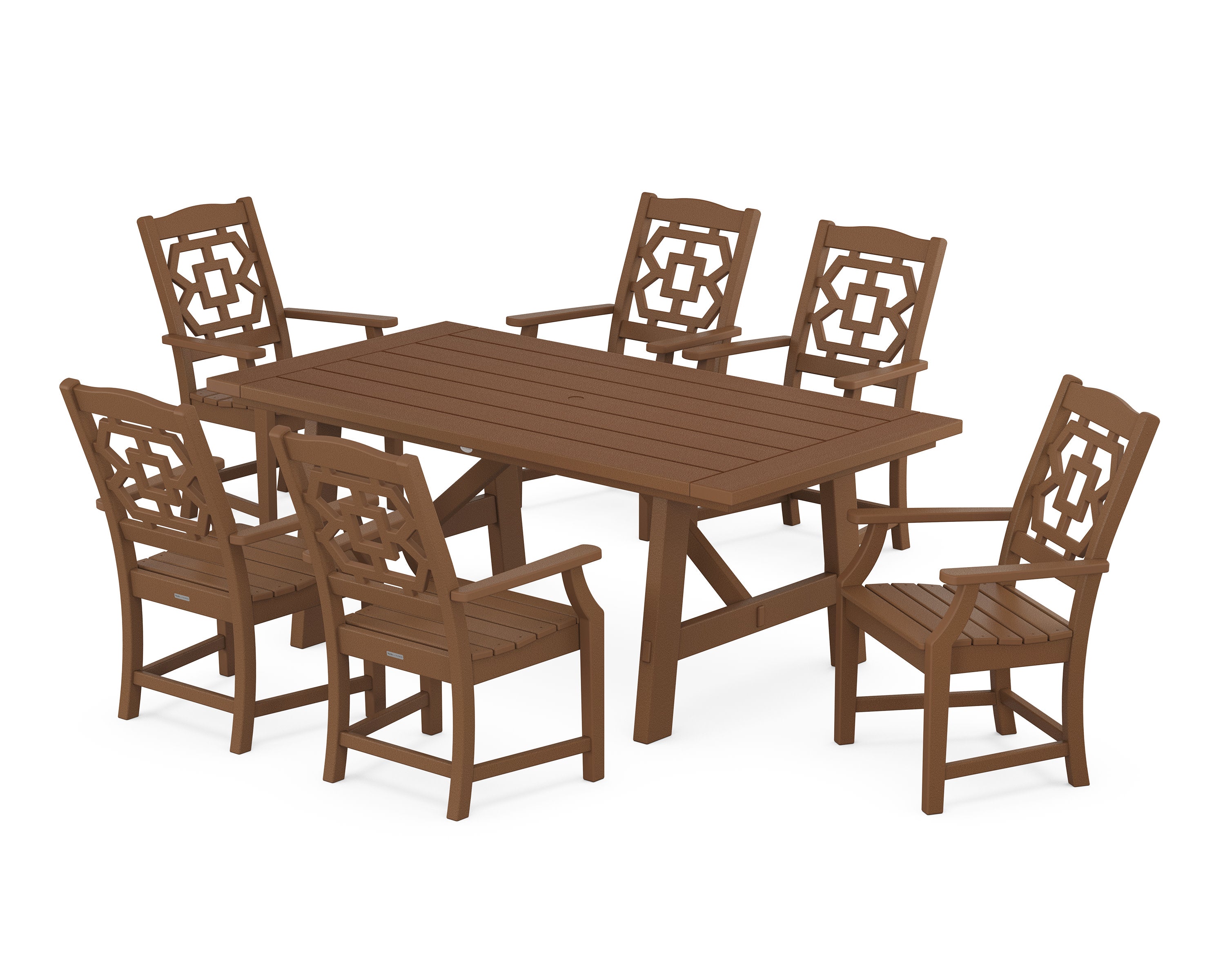 Chinoiserie Arm Chair 7-Piece Rustic Farmhouse Dining Set in Teak
