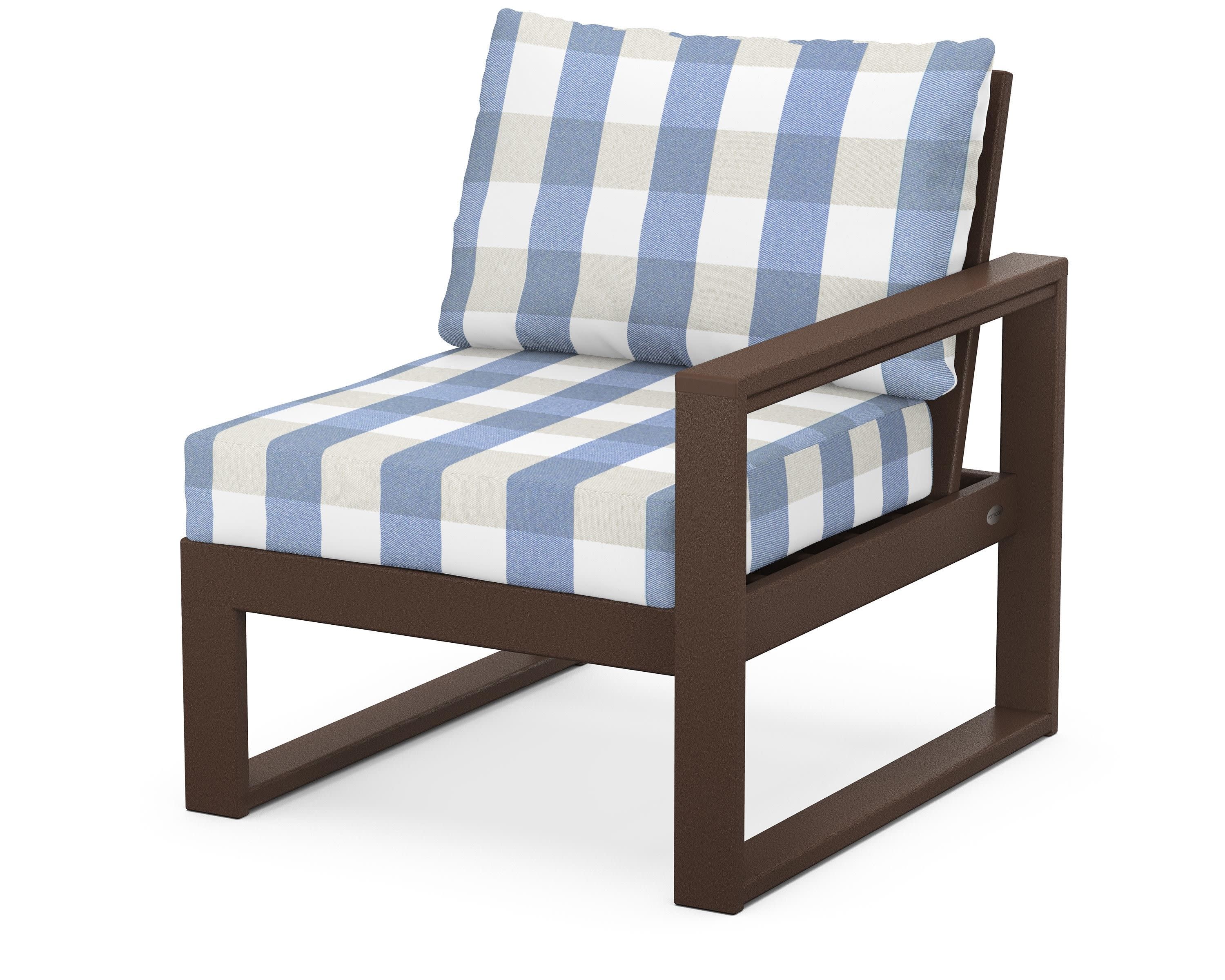 EDGE Modular Right Arm Chair in Mahogany / Buffalo Plaid Sky Blue
