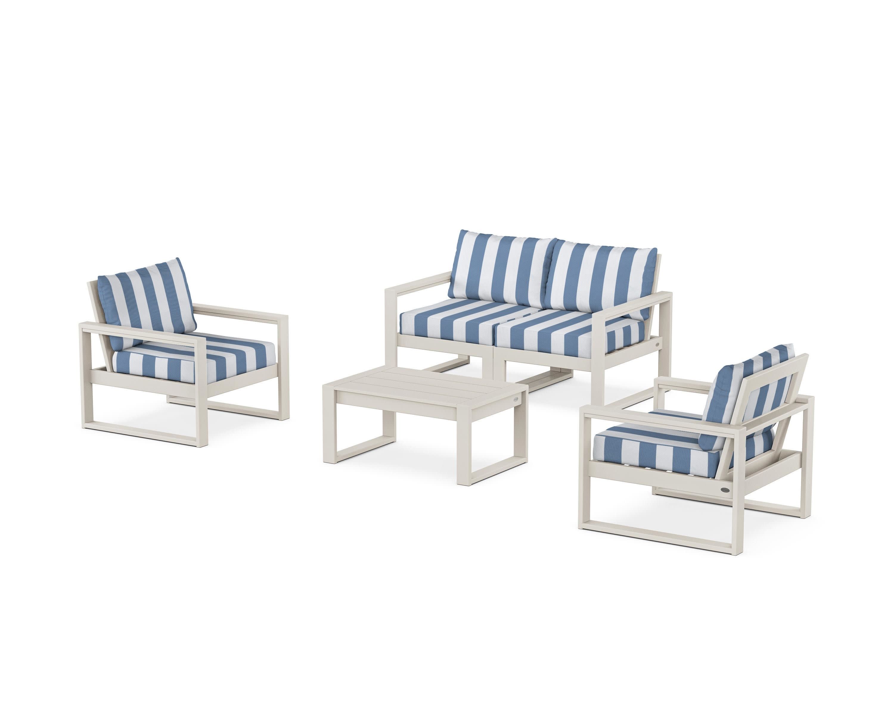 EDGE Sectional 4-Piece Deep Seating Set with Loveseat in Sand / Cabana Stripe Sky Blue