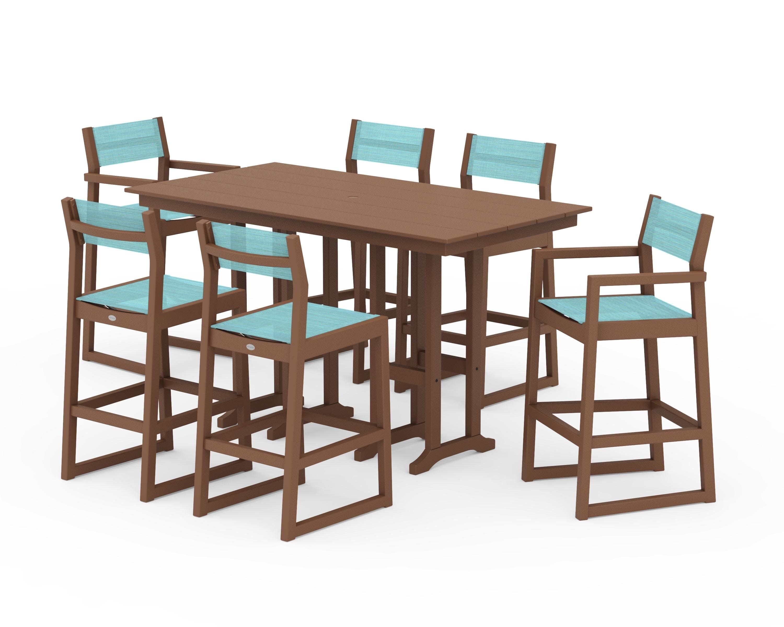 EDGE Sling 7-Piece Farmhouse Bar Set in Teak / Dupioni Aquamarine Sling