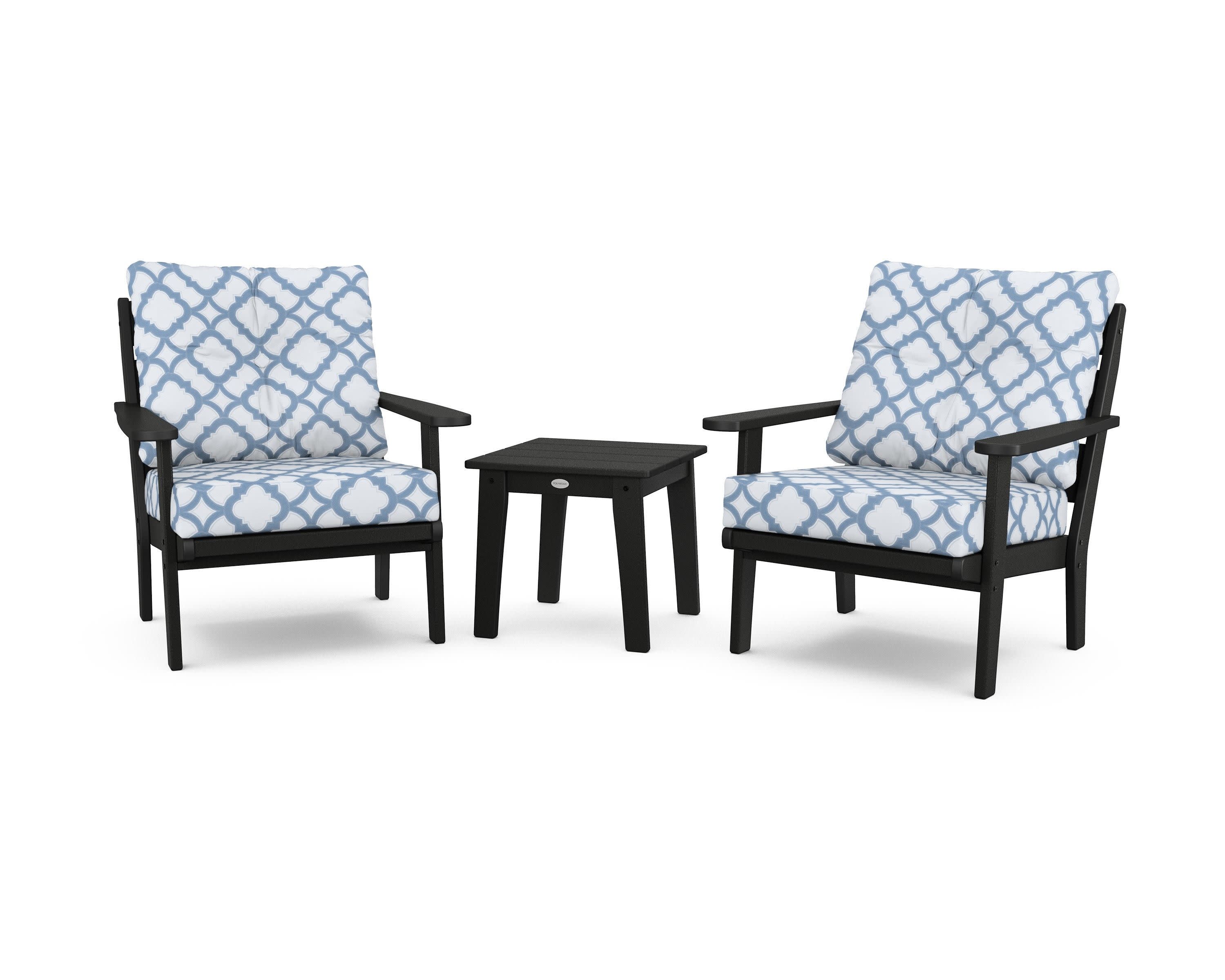 Lakeside 3-Piece Deep Seating Chair Set in Black / Trellis Sky Blue