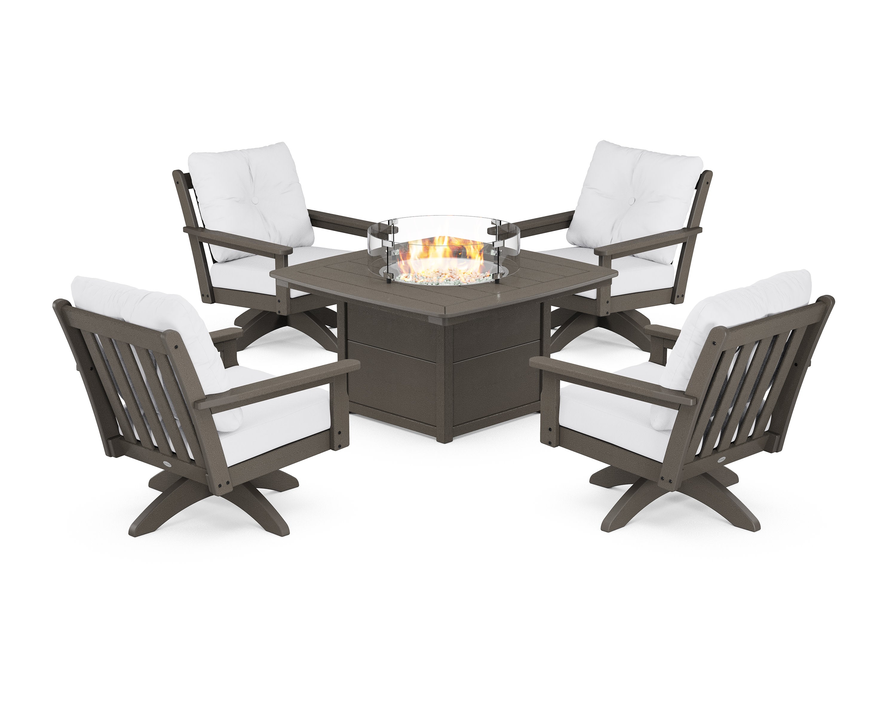 Vineyard 5-Piece Deep Seating Swivel Conversation Set with Fire Pit Table in Vintage Coffee / Natural