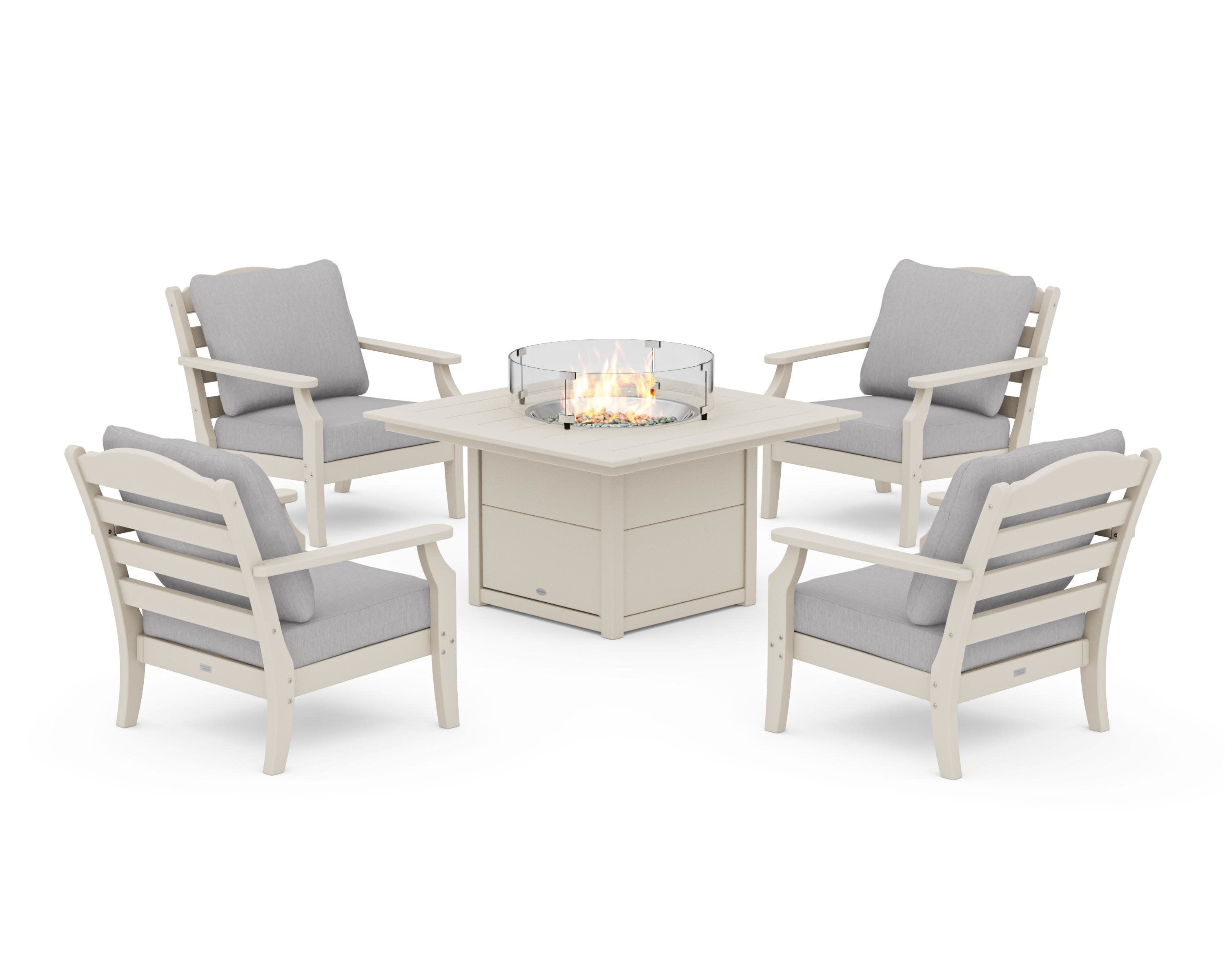 Savannah 5-Piece Deep Seating Set with Fire Pit Table in Sand / Granite