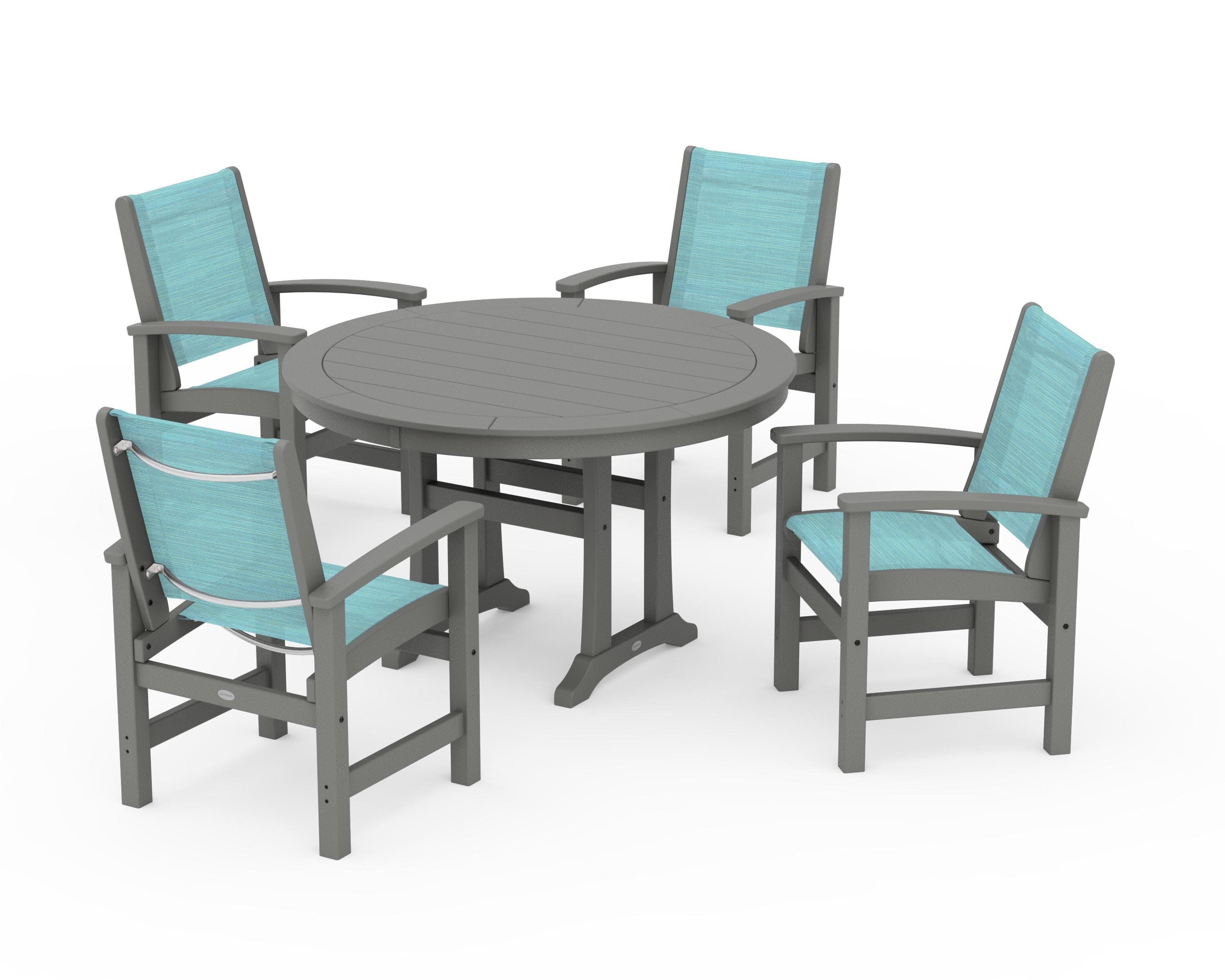 Coastal 5-Piece Round Dining Set with Trestle Legs in Slate Grey / Dupioni Aquamarine Sling