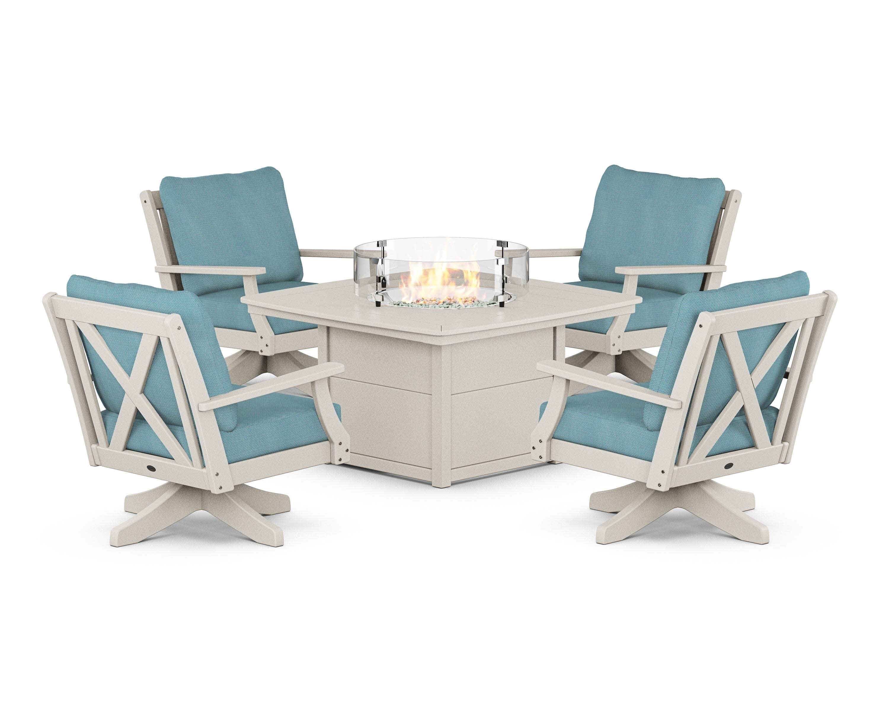 Braxton 5-Piece Deep Seating Swivel Conversation Set with Fire Pit Table in Sand / Lattice Sky Blue
