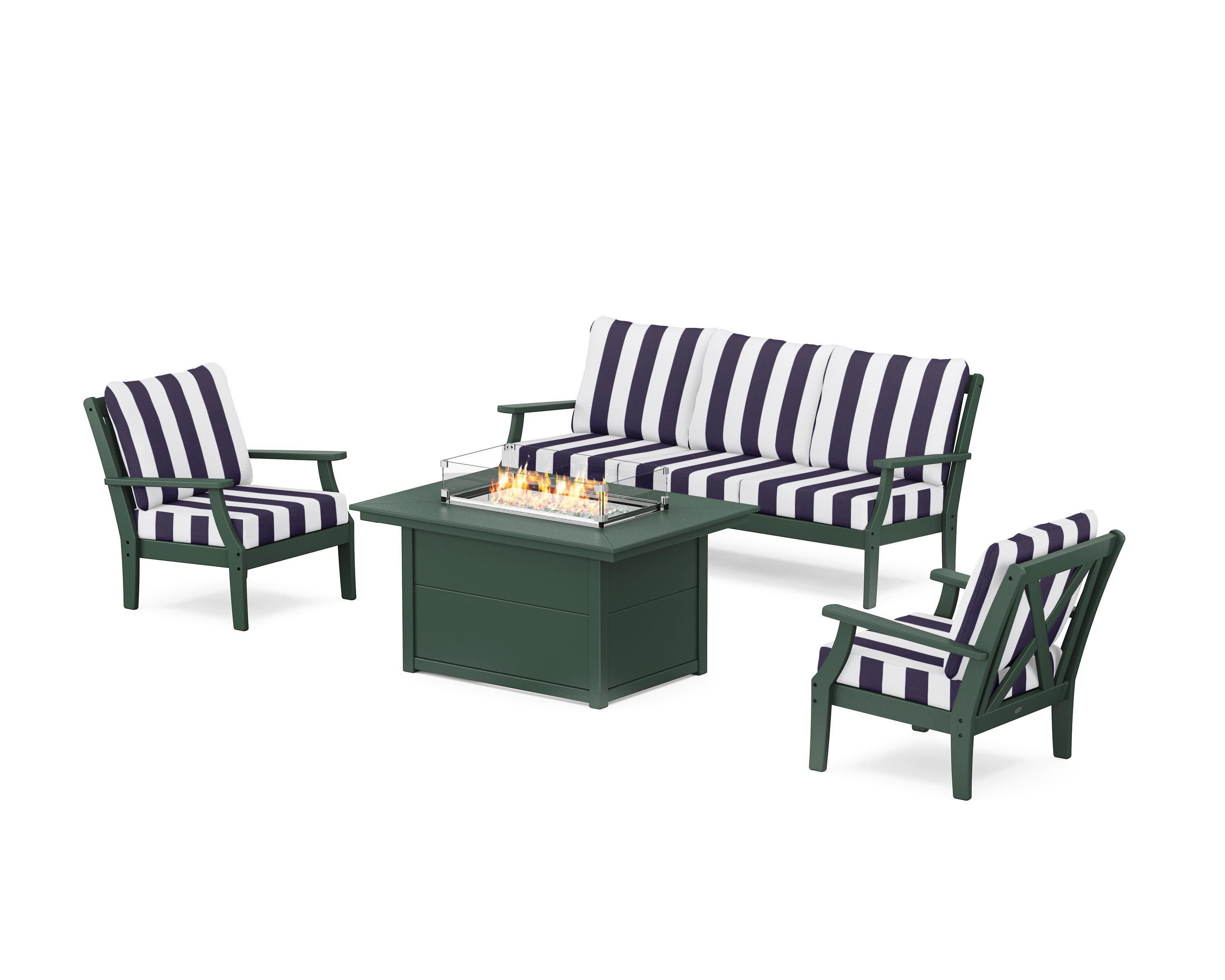 Braxton Deep Seating Fire Pit Table Set in Green / Cabana Stripe Navy