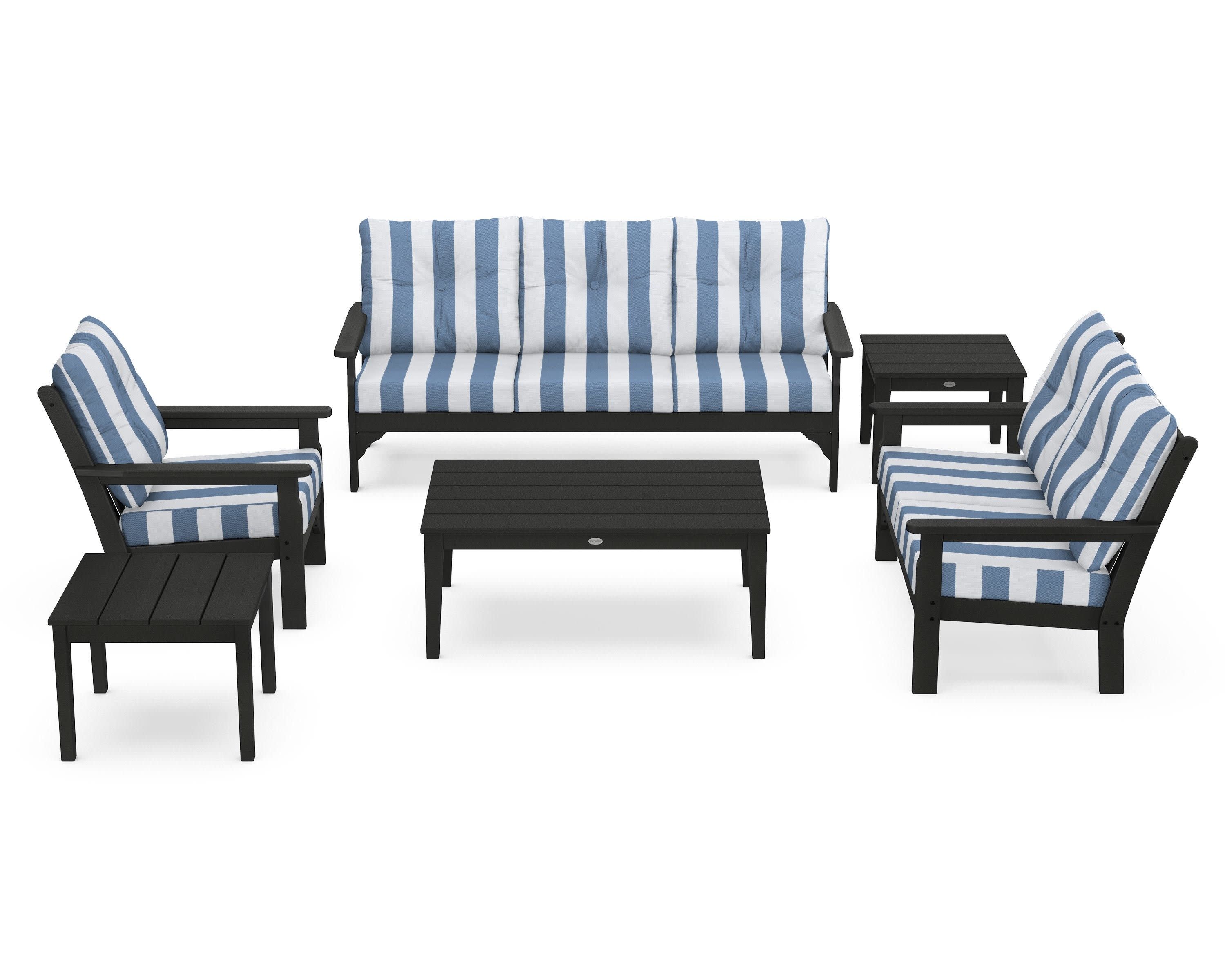 Vineyard 6-Piece Deep Seating Set in Green / Cabana Stripe Sky Blue