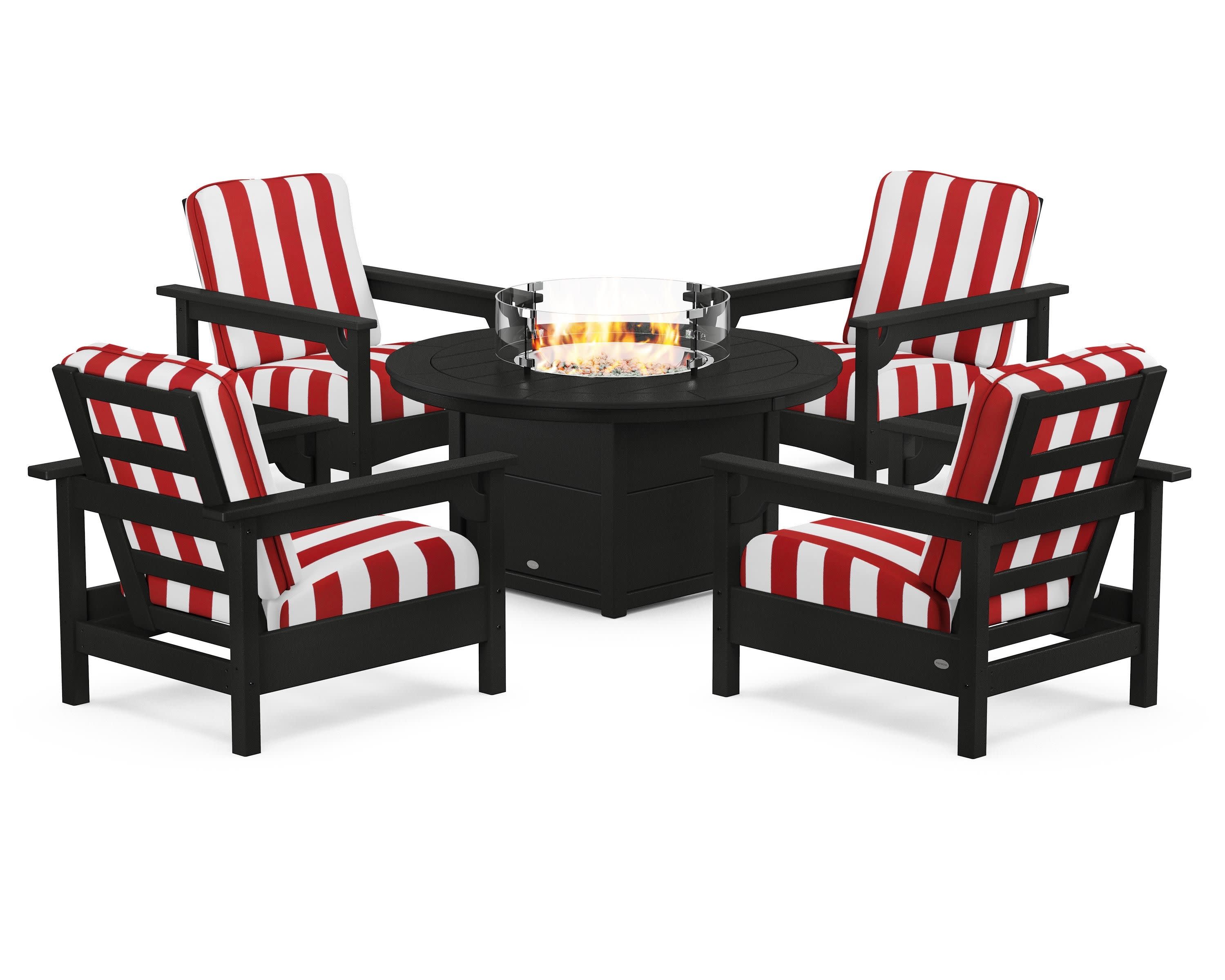 Club 5-Piece Conversation Set with Fire Pit Table in Black / Cabana Stripe Crimson