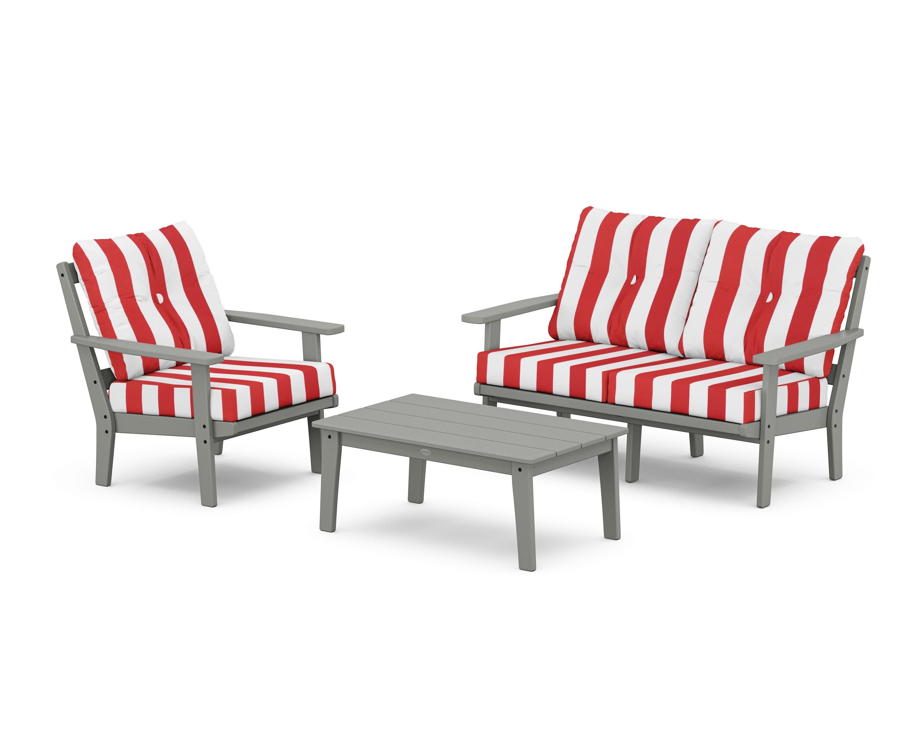 Oxford 3-Piece Deep Seating Set with Loveseat in Slate Grey / Cabana Stripe Crimson